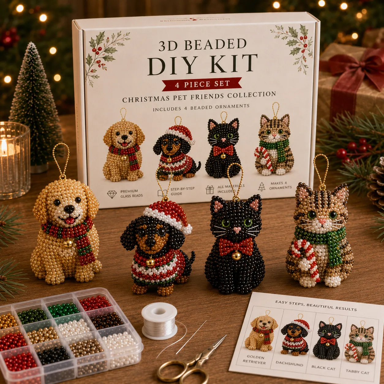 🧘 Relaxing & Beginner-Friendly-💎4-Piece 3D Beaded Christmas Ornament DIY Kit 