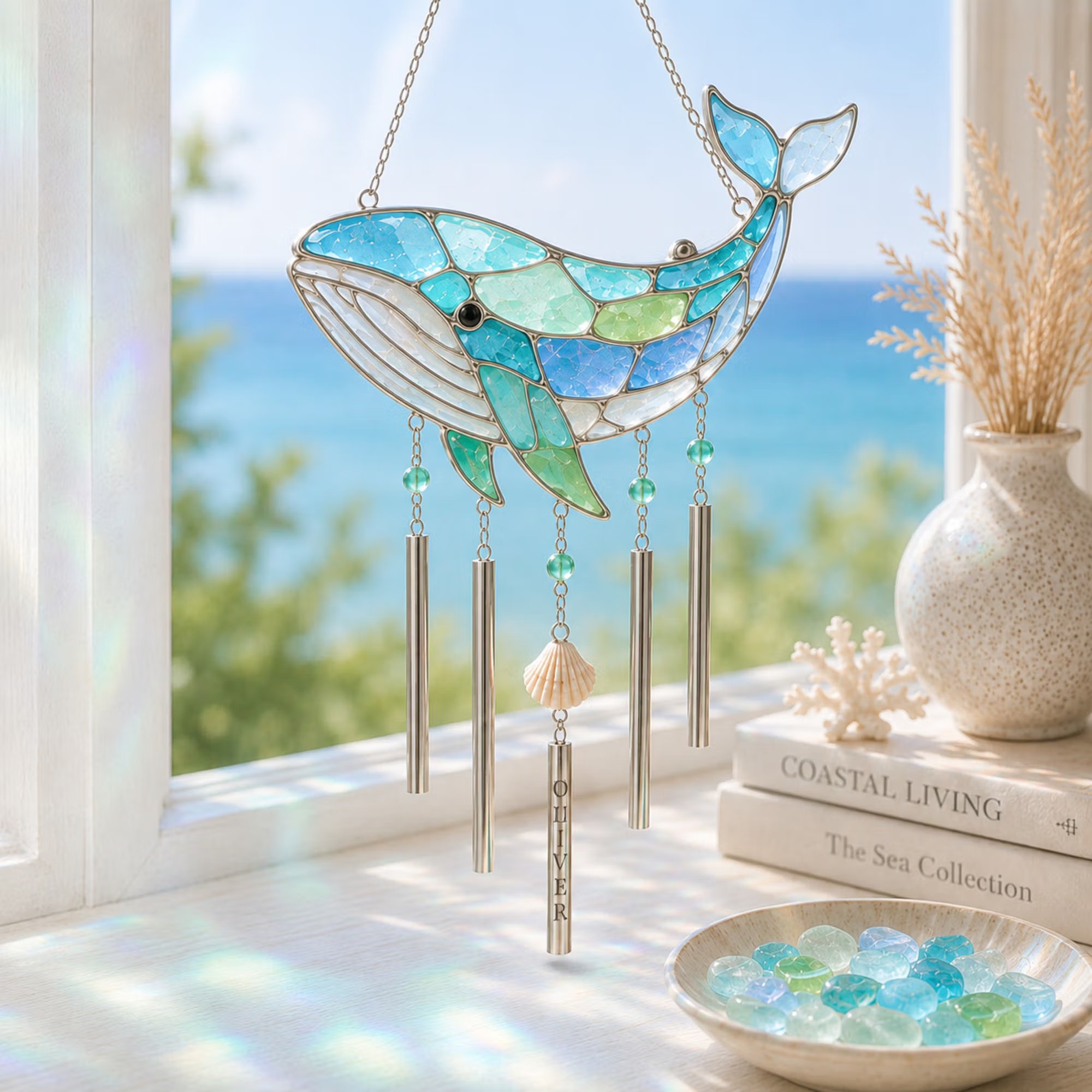🔥Holiday Sale Now Open | 50% Discount🎉Personalized Coastal Glow Sea Glass Suncatcher Wind Chime Kit Collection with Text, Home Decor, Birthday Gift for Ocean Lovers