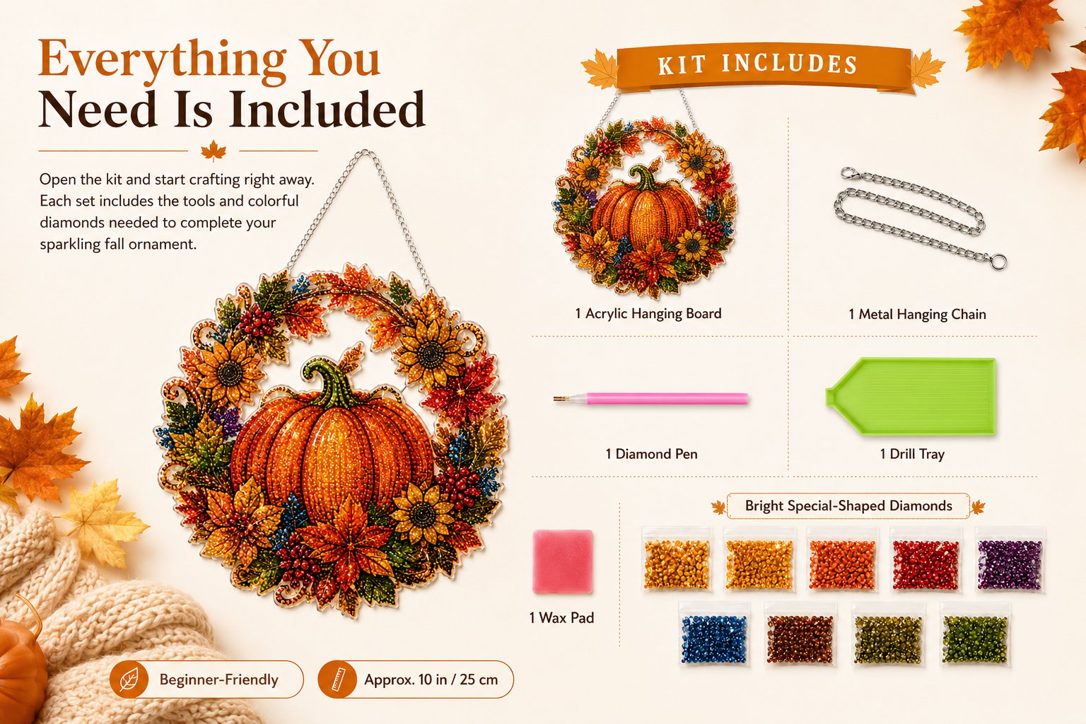 🔥Last Day 49% OFF - 🍂✨Autumn Harvest Pumpkin Diamond Art Hanging Ornament Kit