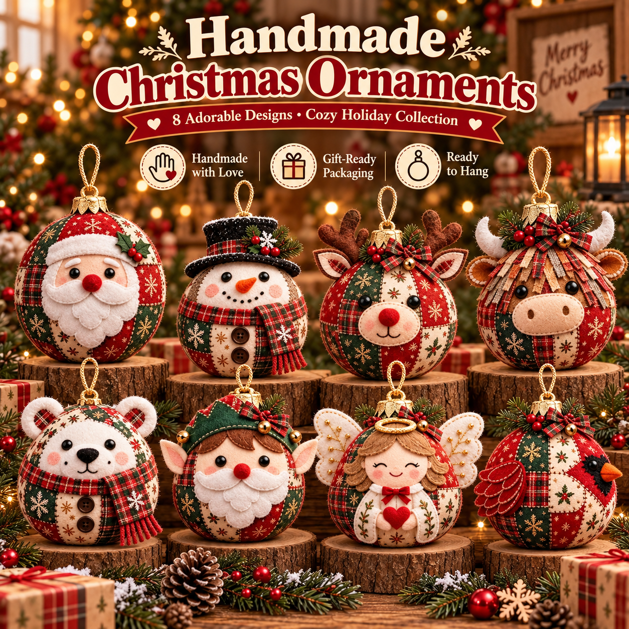 🔥Last Day BUY 3 GET 1 FREE⏳ Last Day 48% OFF –🎄 Cozy Patchwork Christmas Ornament Collection– Handmade Holiday Characters