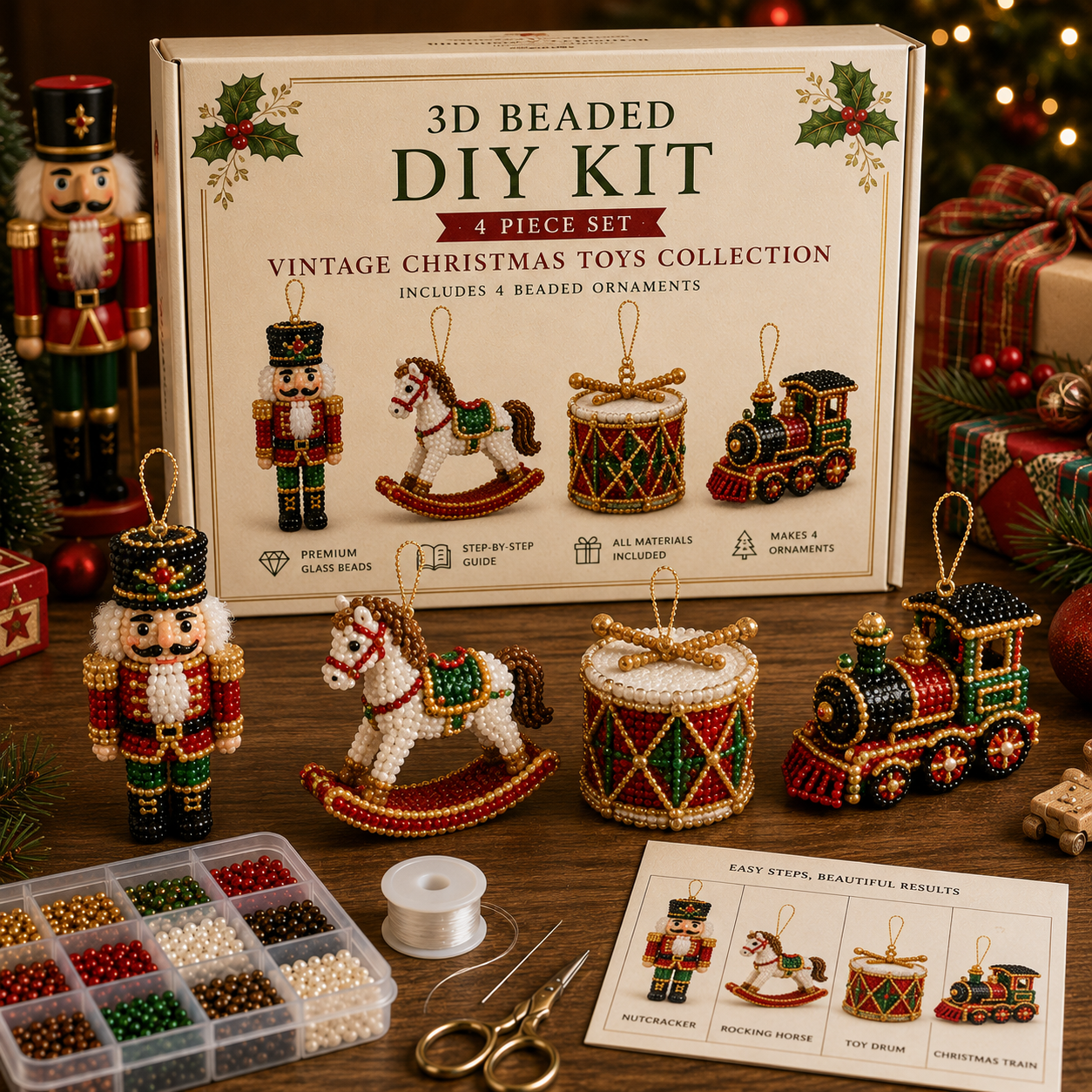 🧘 Relaxing & Beginner-Friendly-💎4-Piece 3D Beaded Christmas Ornament DIY Kit 