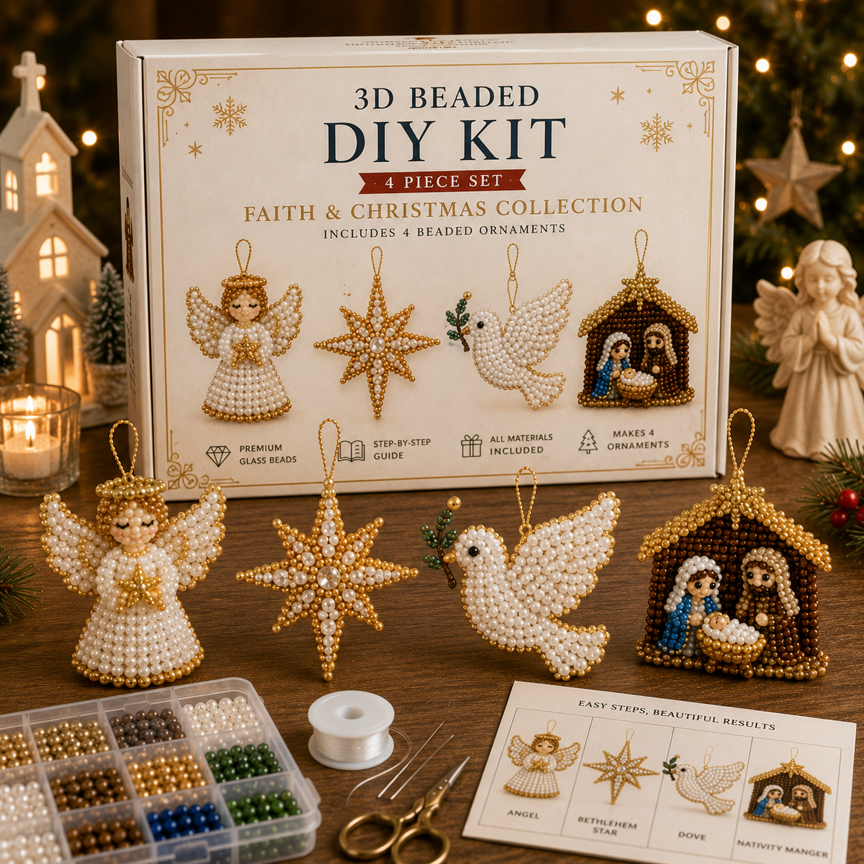 🧘 Relaxing & Beginner-Friendly-💎4-Piece 3D Beaded Christmas Ornament DIY Kit 