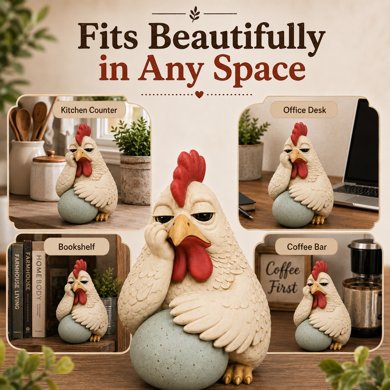 Monday Mood Hen Figurine with Speckled Egg – Funny Farmhouse Chicken Décor