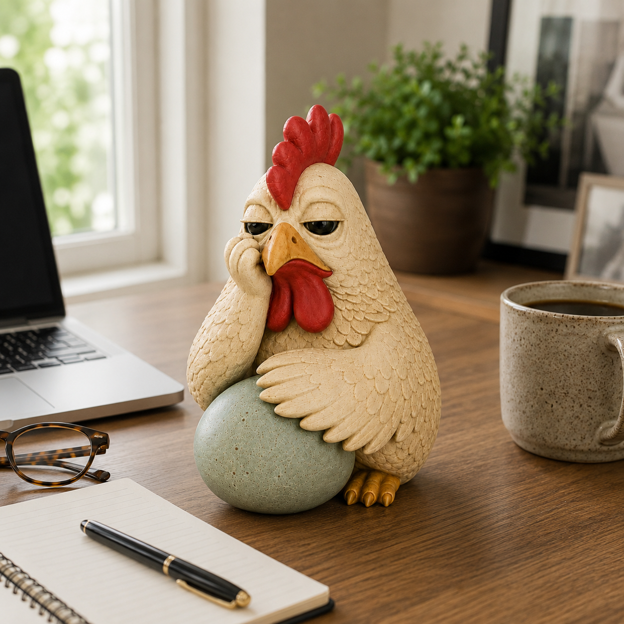 Monday Mood Hen Figurine with Speckled Egg – Funny Farmhouse Chicken Décor
