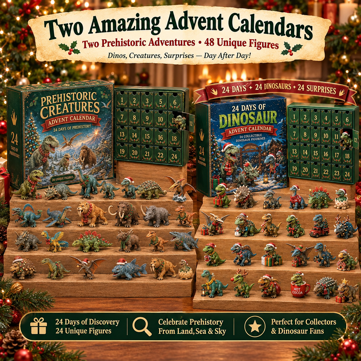 🦖24 Days of Dinosaur Christmas Advent Calendar – 24 Collectible Dino Figurines Holiday Surprises