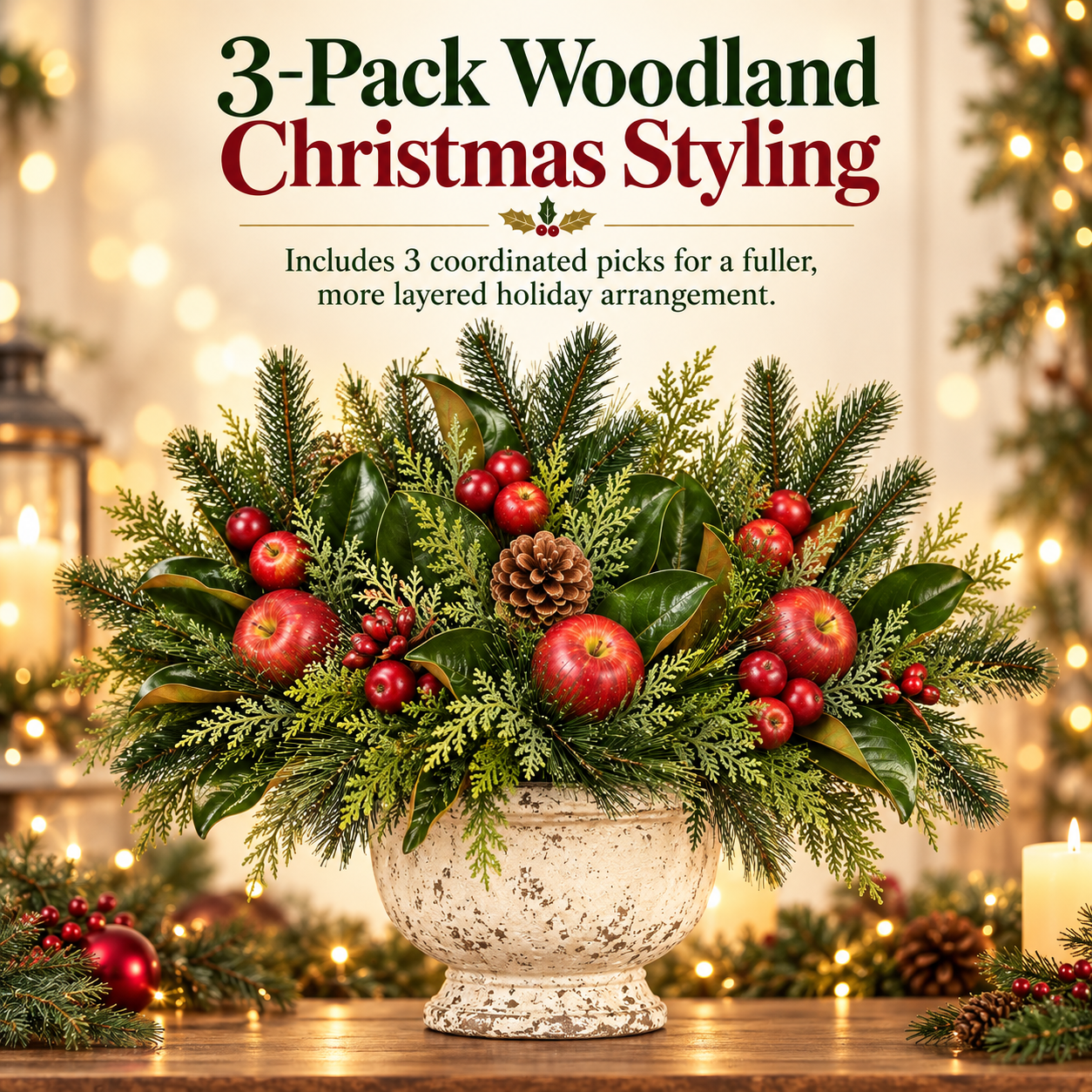 3-Pack Vintage Woodland Apple Christmas Picks