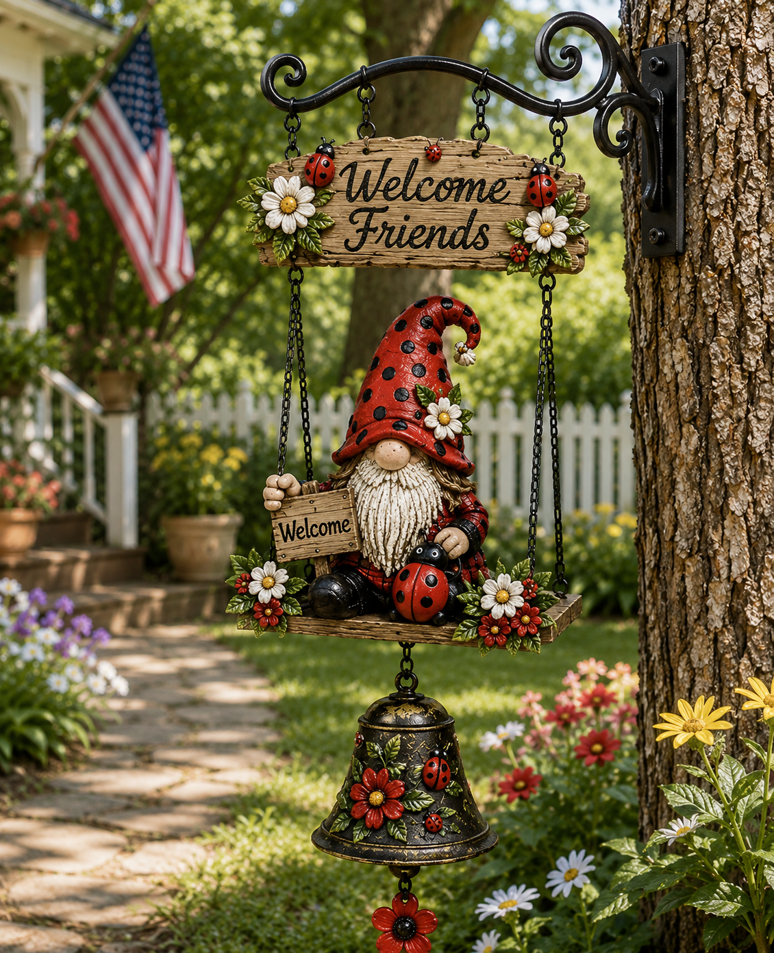 🇺🇸 Patriotic Gnome Welcome Bell – God Bless America Porch Decor