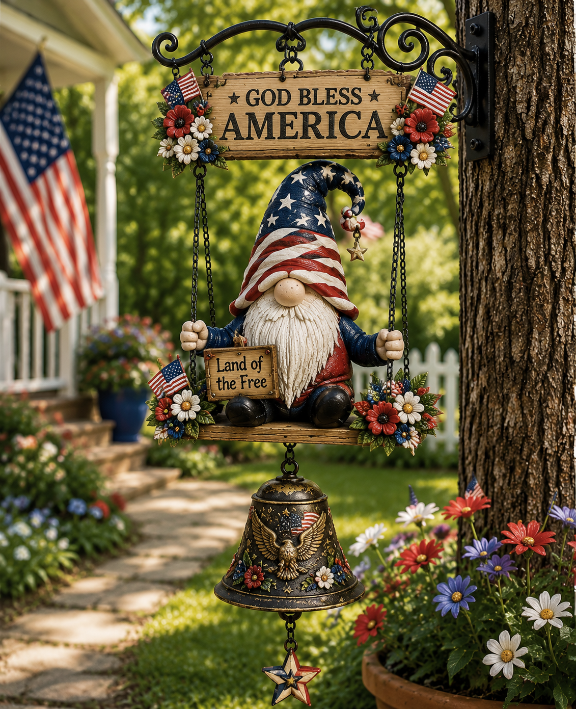 🇺🇸 Patriotic Gnome Welcome Bell – God Bless America Porch Decor