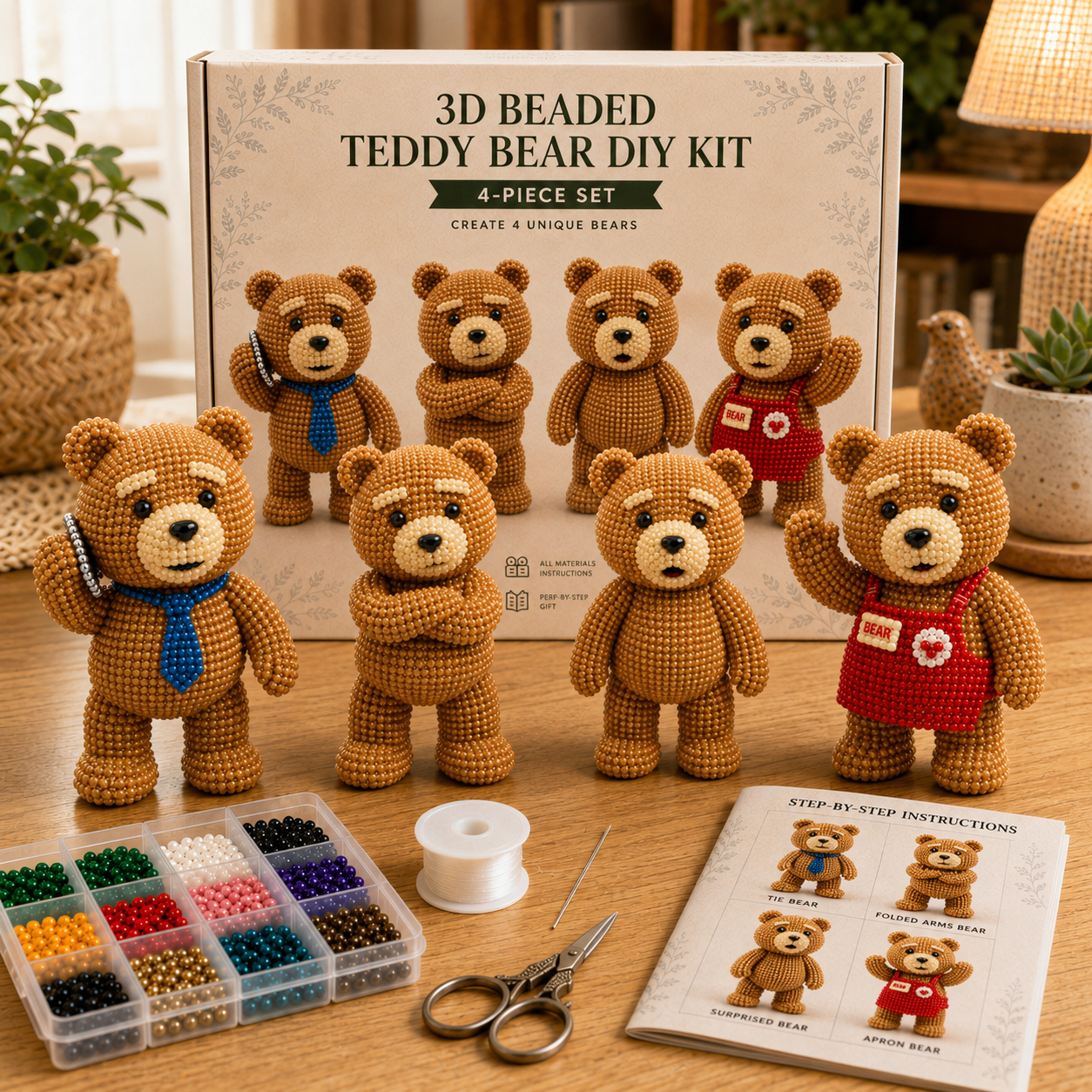 3D Beaded Teddy Bear DIY Kit – 4-Piece Handmade Craft Set