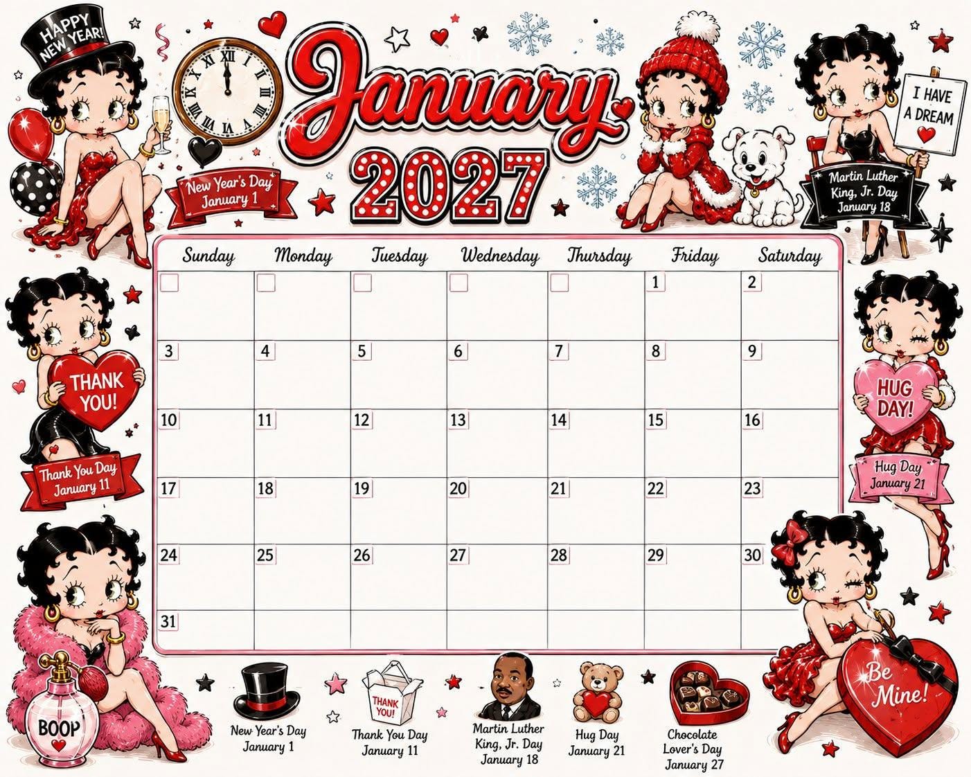🎀 2027 Vintage Cartoon Wall Calendar