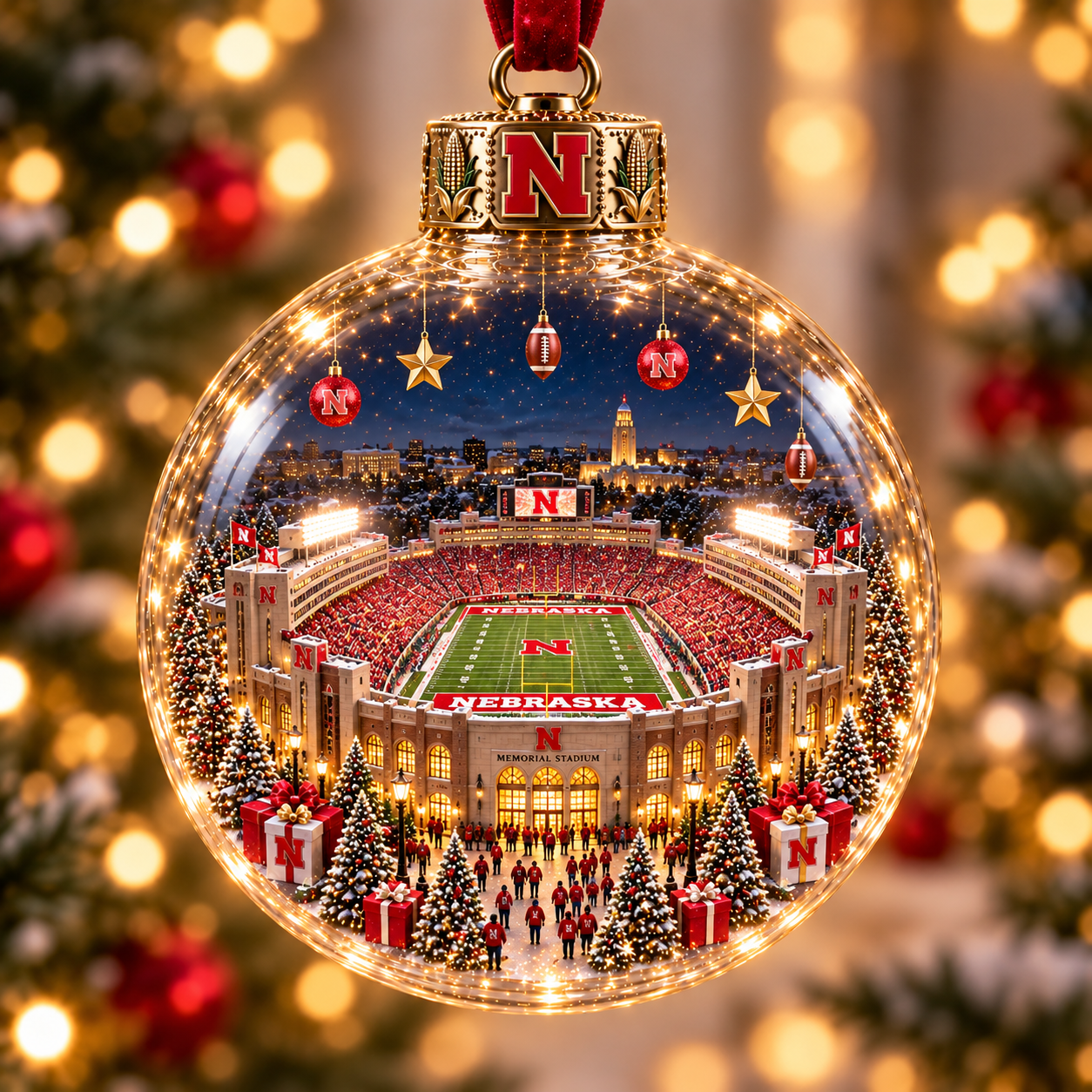 🏈 Game Day Glow – Light-Up Football Stadium Christmas Ornament