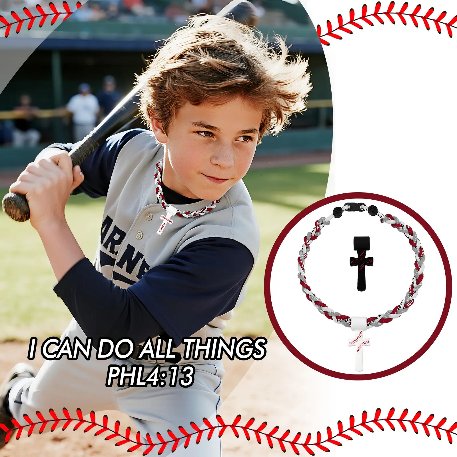 Triple-Rope Tornado Baseball Necklace Cross Charm Pendant with "I CAN DO ALL THINGS PHL4:13