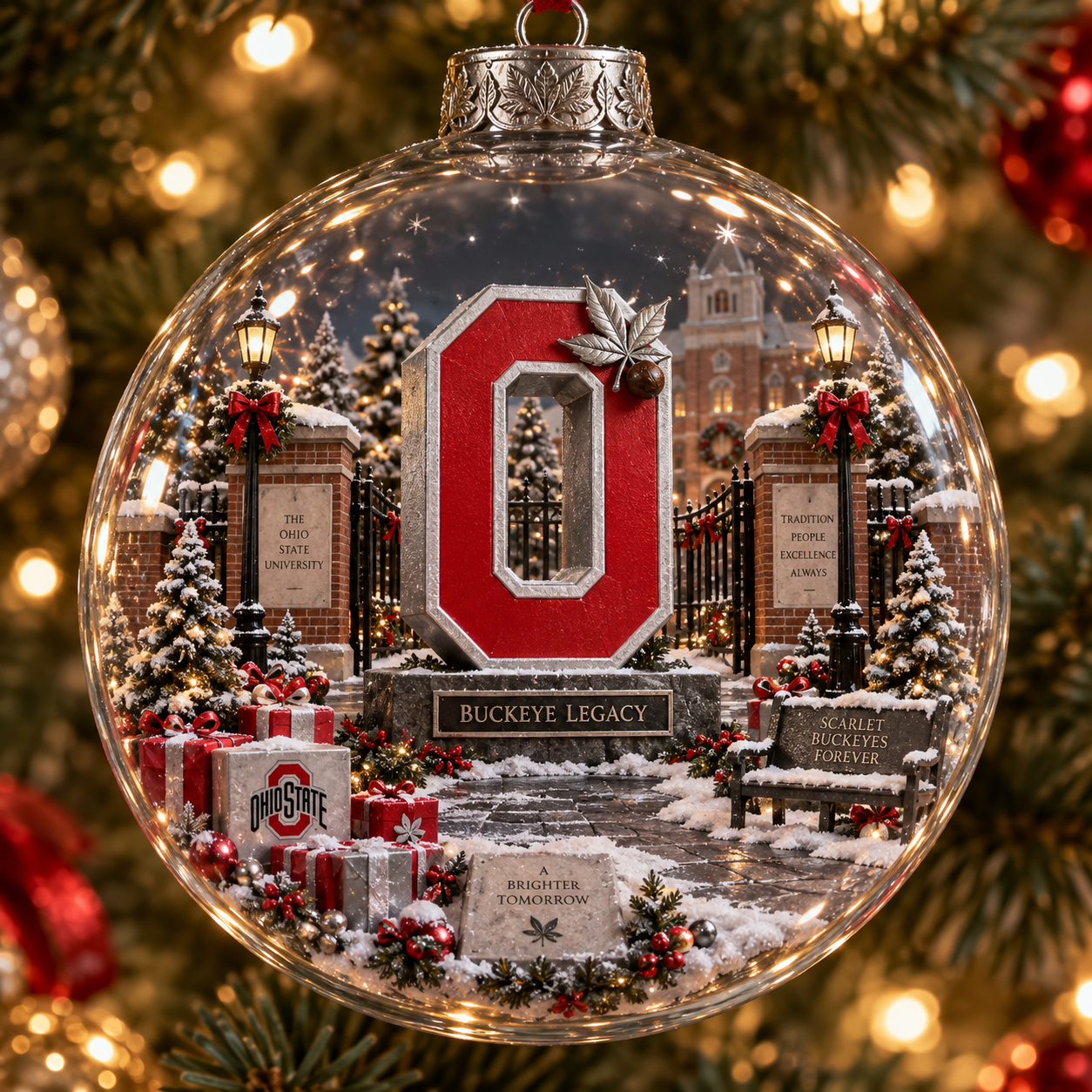 🎄 Scarlet & Gray Forever — Light-Up College Football Diorama Ornament