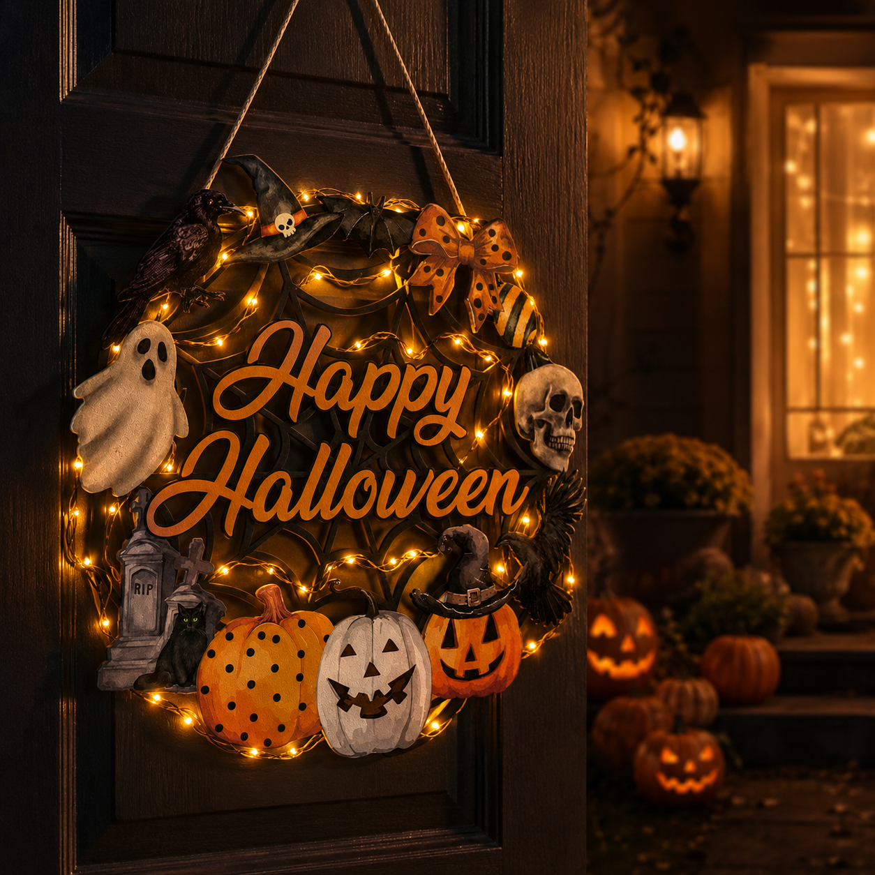 Lighted Happy Halloween Wooden Door Sign for Spooky Holiday Decor 🎃✨