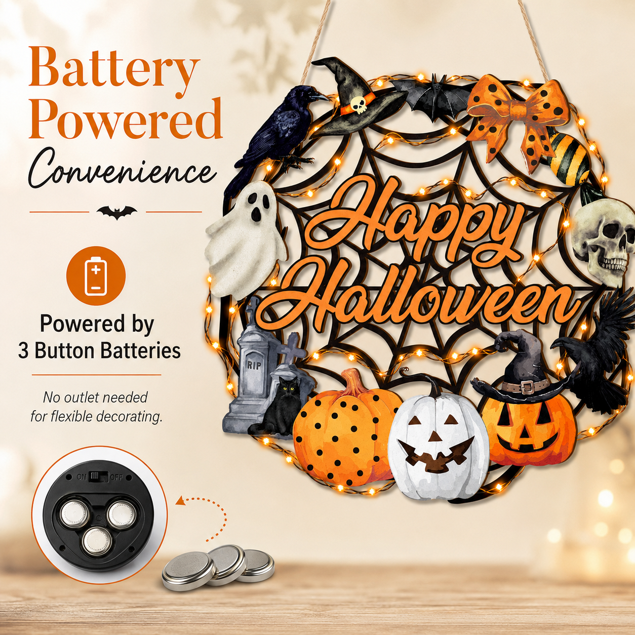 Lighted Happy Halloween Wooden Door Sign for Spooky Holiday Decor 🎃✨