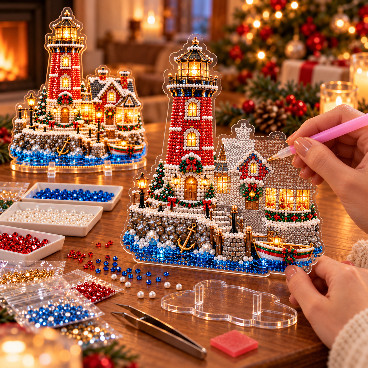 🎄 Christmas Lighthouse Village – DIY Sparkling 3D Diamond Art Decoration Kit