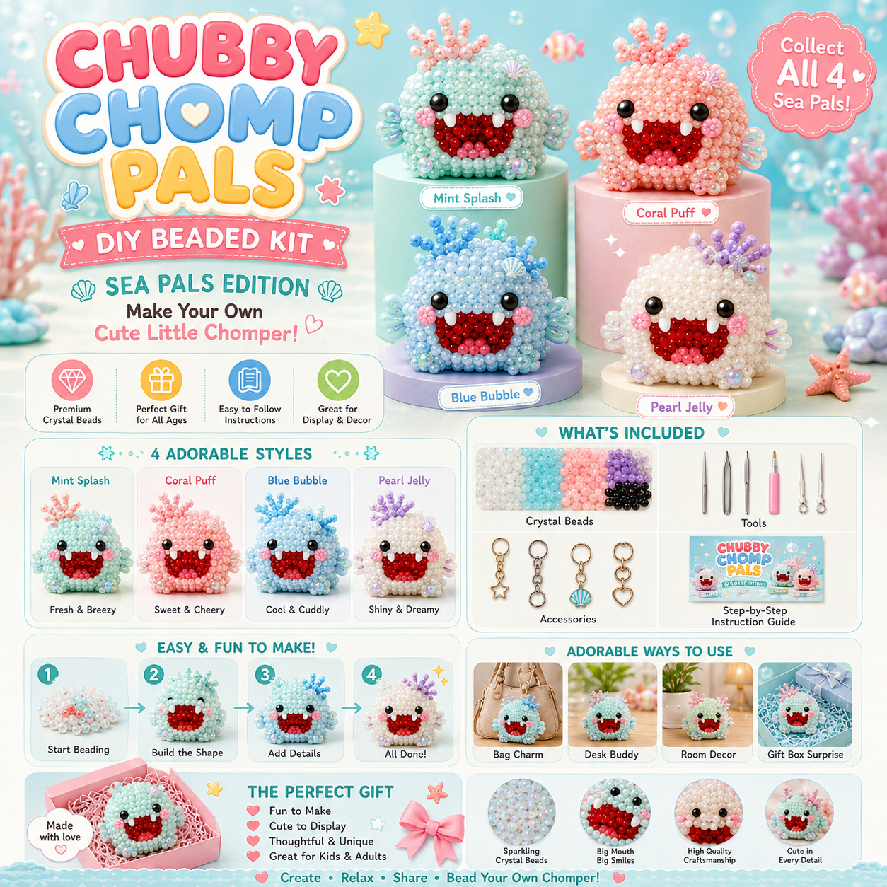 Chubby Chomp Pals DIY Beaded Kit – Cute Collectible Monster Craft Set
