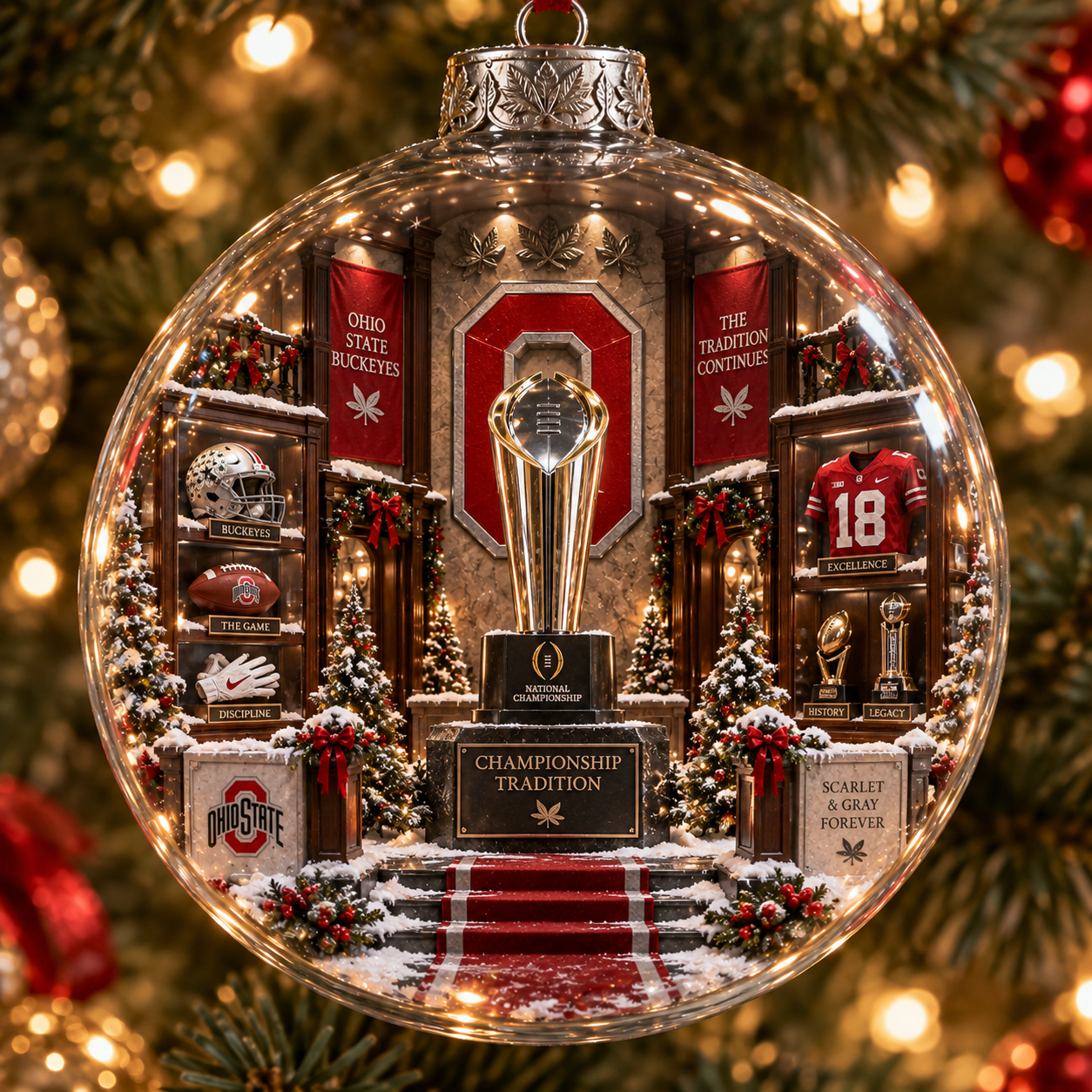 🎄 Scarlet & Gray Forever — Light-Up College Football Diorama Ornament