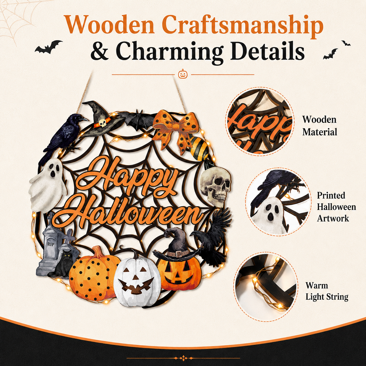 Lighted Happy Halloween Wooden Door Sign for Spooky Holiday Decor 🎃✨