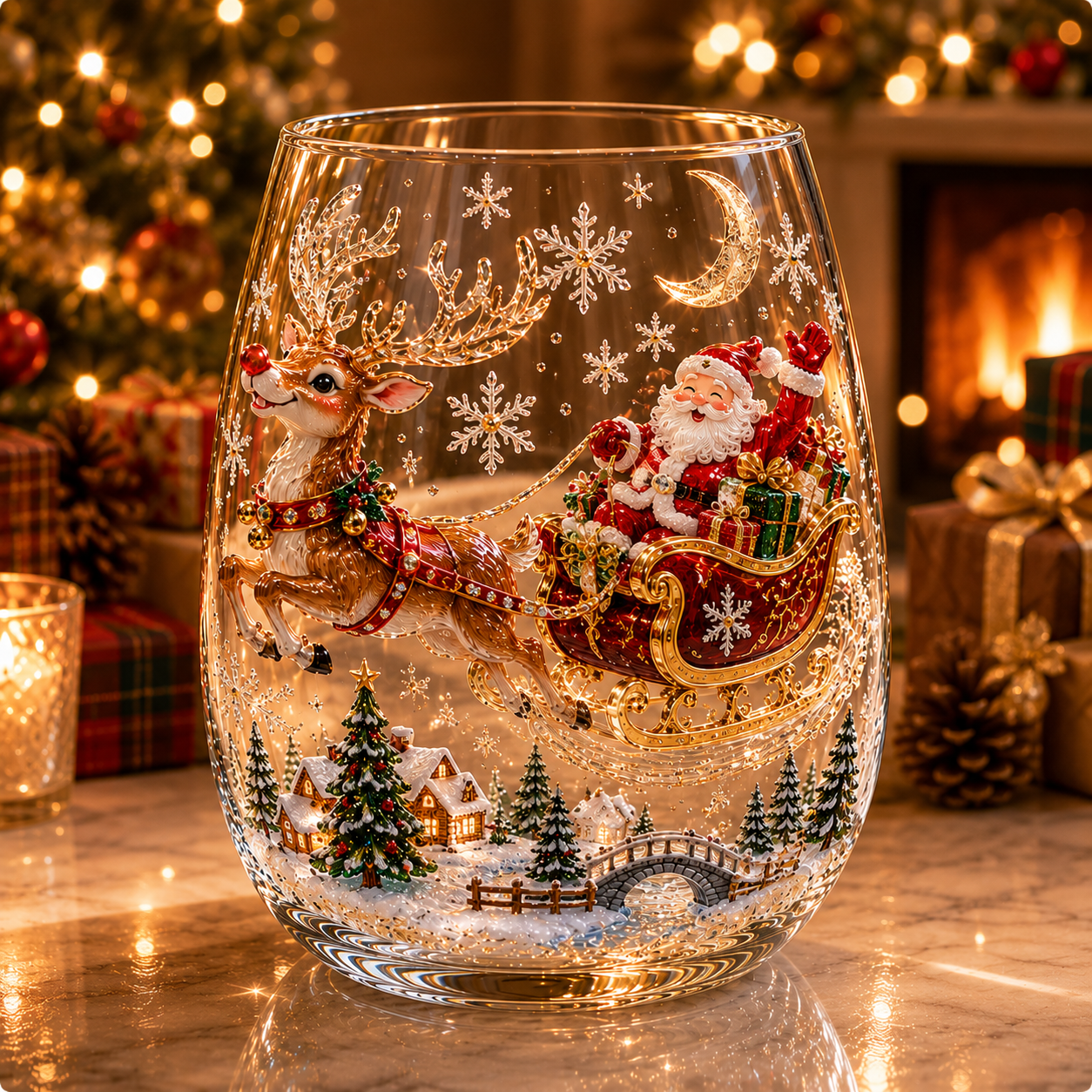 Magical Christmas 3D Glass Cup Collection – Santa, Reindeer, Snowman & Christmas Tree