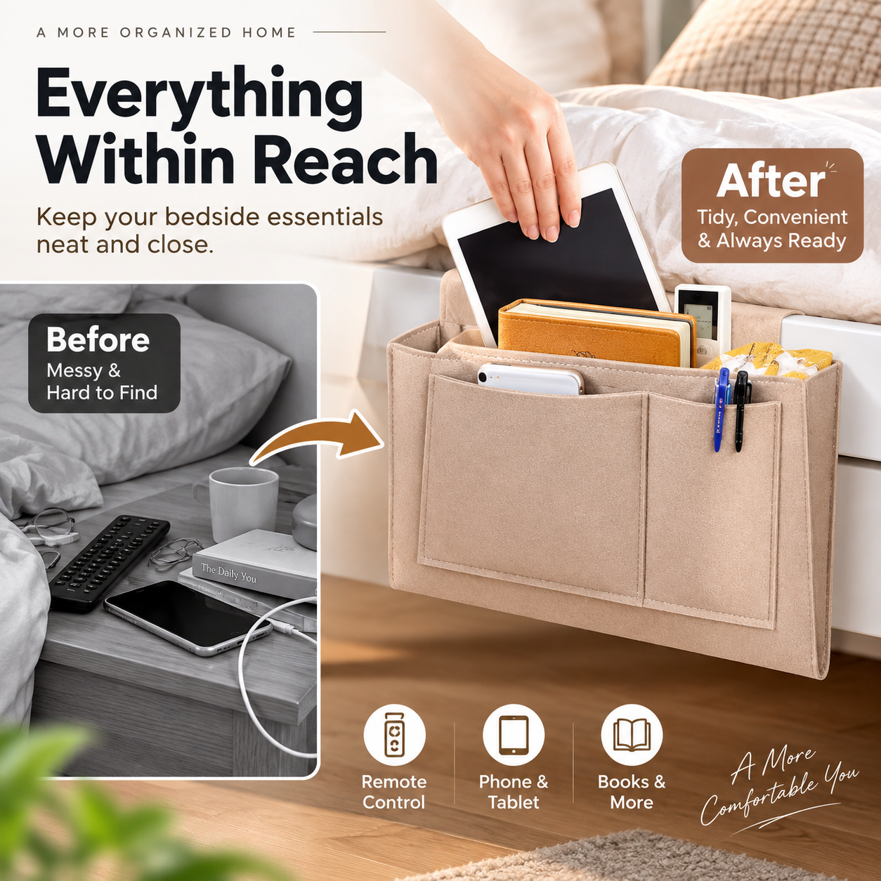 Last Day Sale — Up to 70% OFF | Bedside Hanging Organizer – Keep Essentials Within Reach