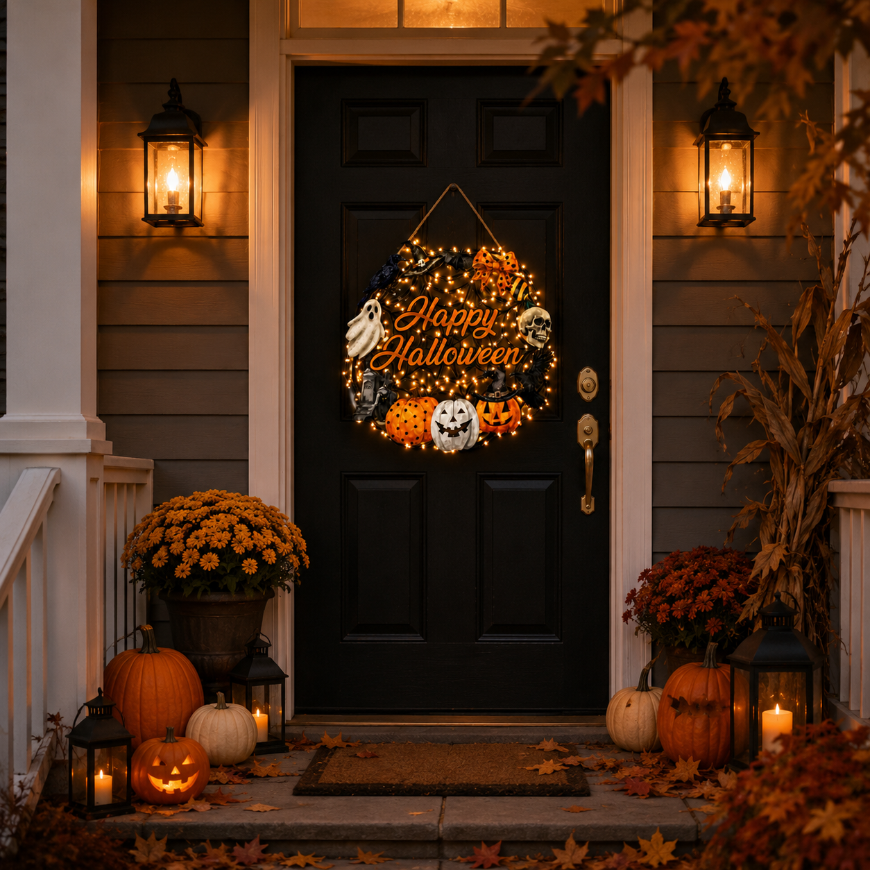 Lighted Happy Halloween Wooden Door Sign for Spooky Holiday Decor 🎃✨