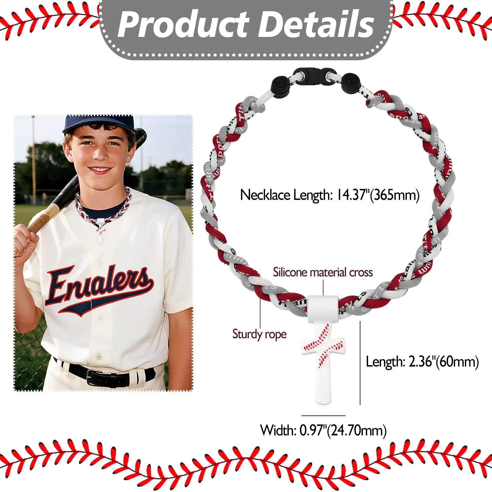 Triple-Rope Tornado Baseball Necklace Cross Charm Pendant with "I CAN DO ALL THINGS PHL4:13