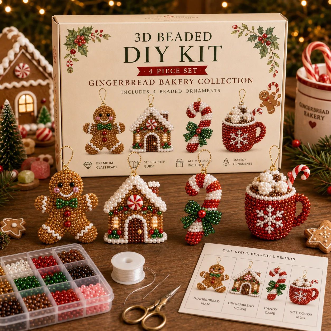 🧘 Relaxing & Beginner-Friendly-💎4-Piece 3D Beaded Christmas Ornament DIY Kit 