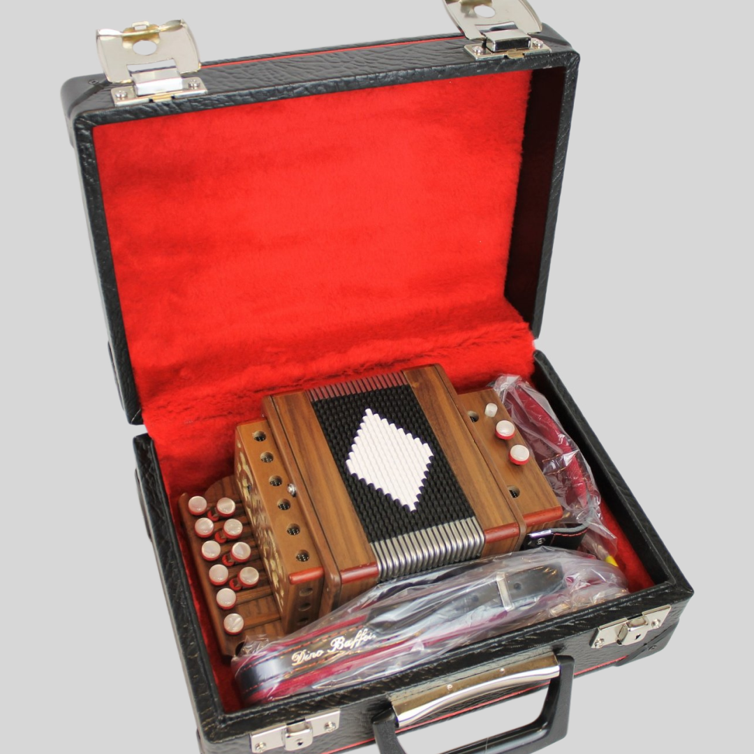 10-Key Button Accordion, Compact Organetto-Style Folk Instrument with Walnut Finish