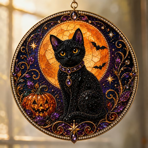 🌙 DIY Celestial Black Cat Window Hanging Kit | 3D Pearl Bead Suncatcher 🔮✨