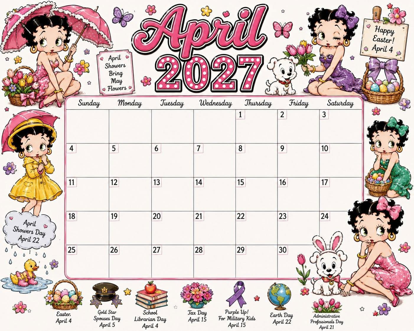 🎀 2027 Vintage Cartoon Wall Calendar
