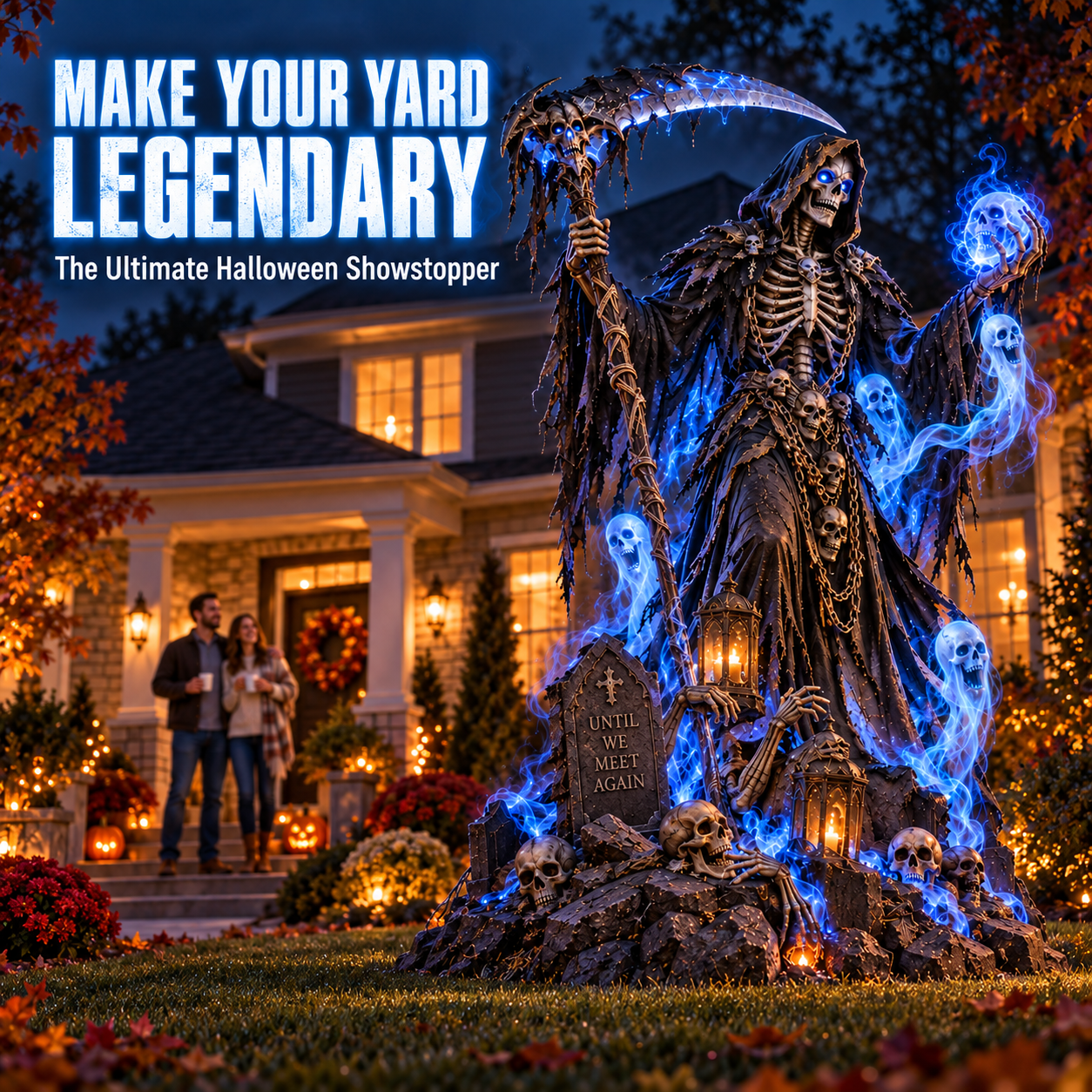 Giant Haunted Soul Reaper Lighted Halloween Yard Decoration – Glowing Grim Reaper with Ghostly Blue Spirits