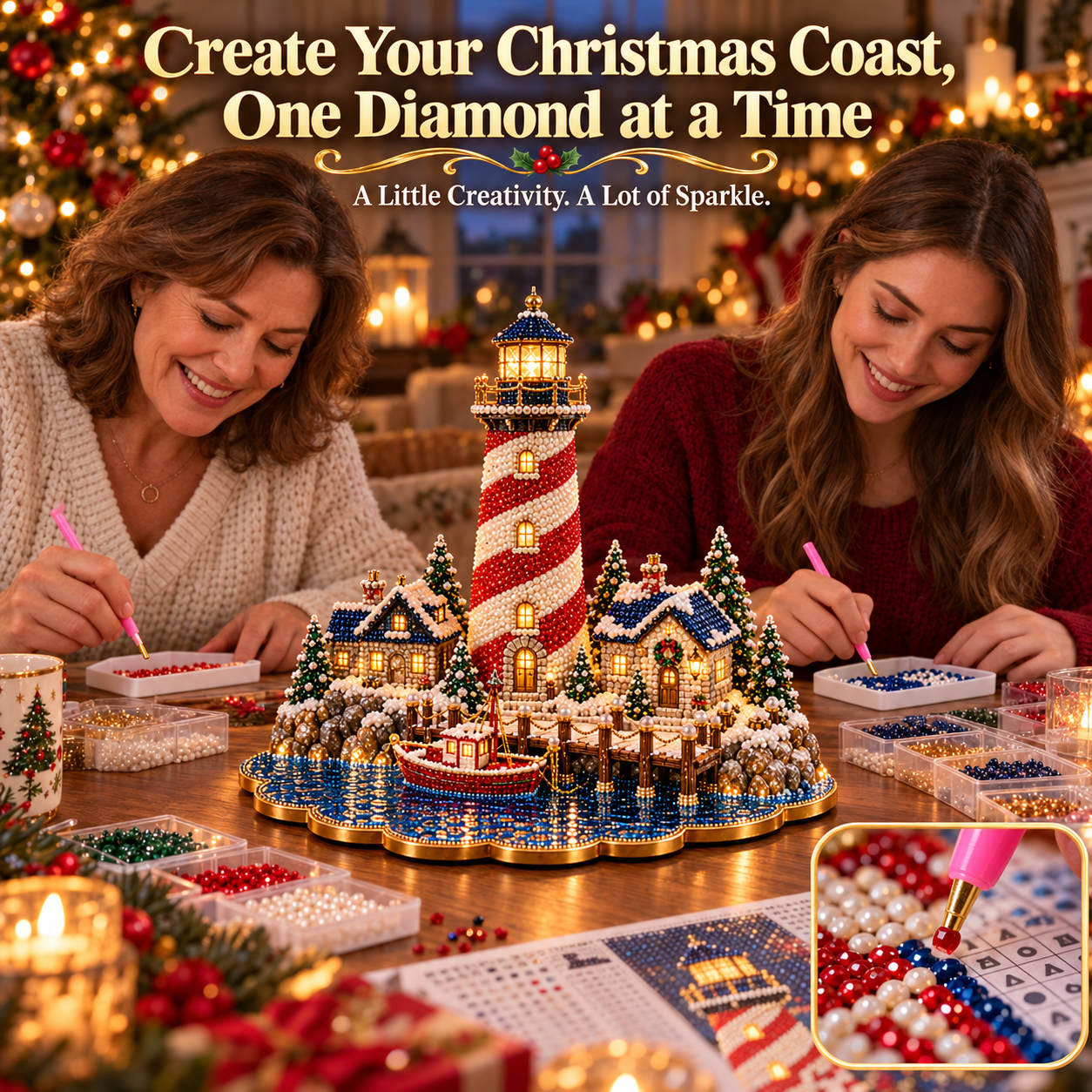 🎄 Christmas Lighthouse Village – DIY Sparkling 3D Diamond Art Decoration Kit