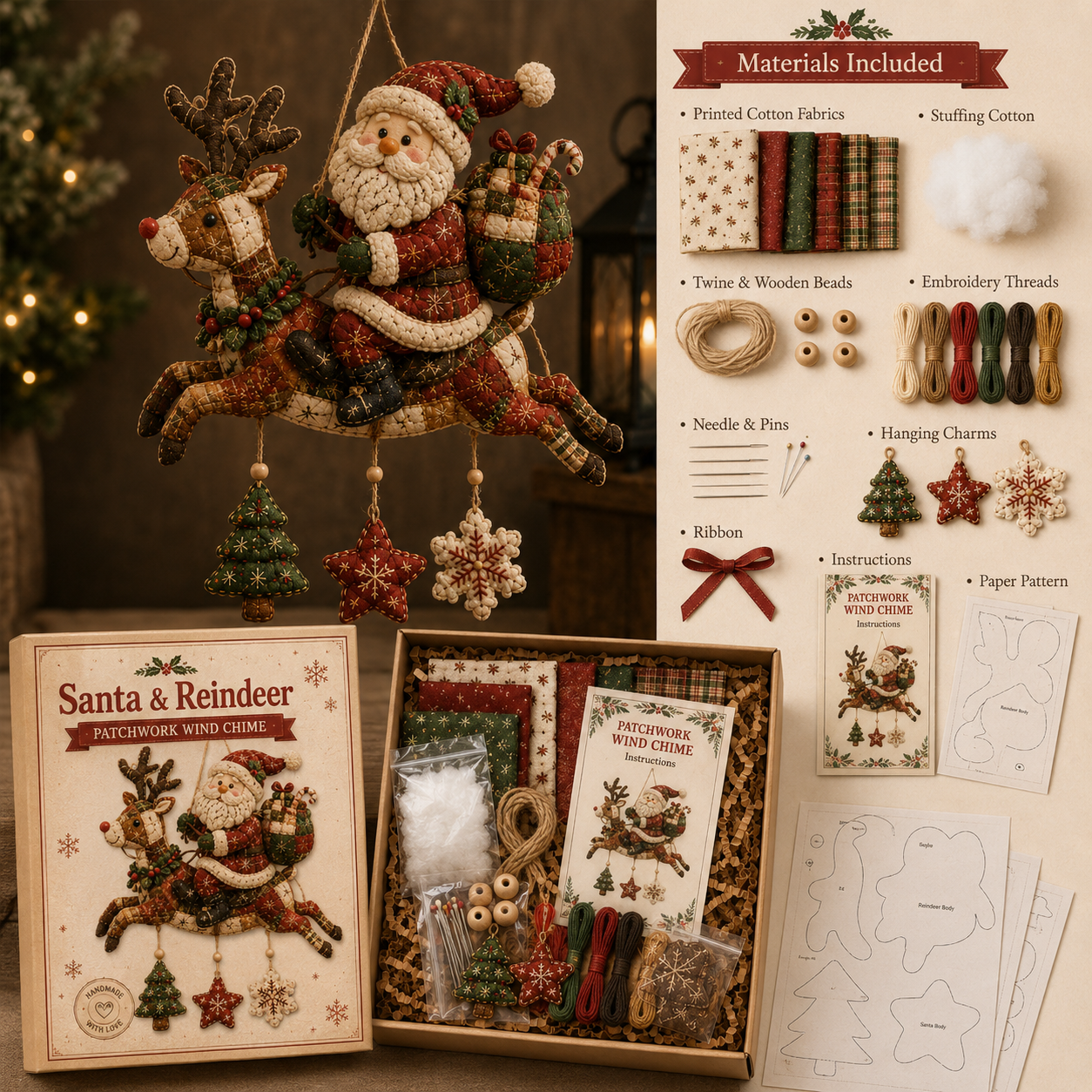 🎄 DIY Santa & Reindeer 3D Patchwork Wind Chime Kit