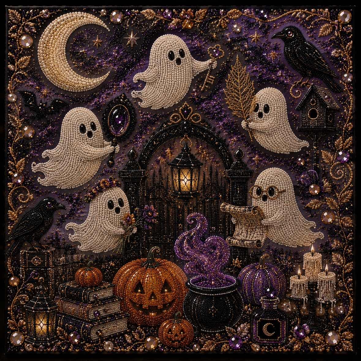 🧘Relaxing & Beginner-Friendly- 👻Cute Ghosts Pumpkins 3D Pearl Mosaic Art Kit