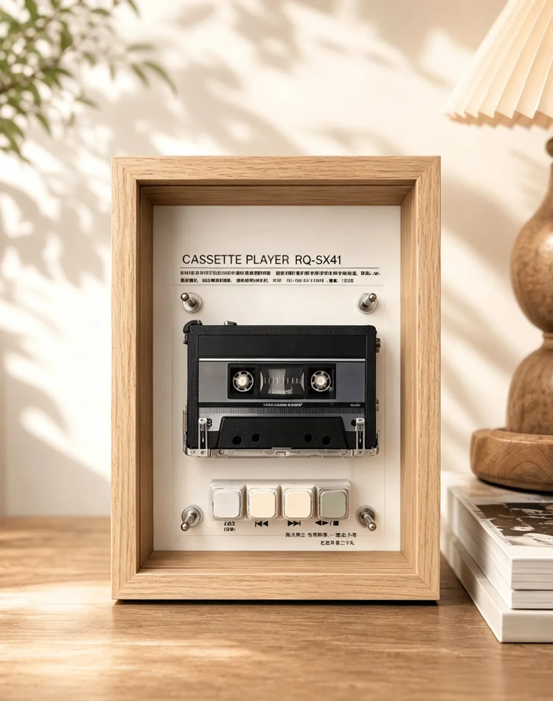 Vintage Cassette Player Frame with Functional Tape Playback & Retro Wall Art Design
