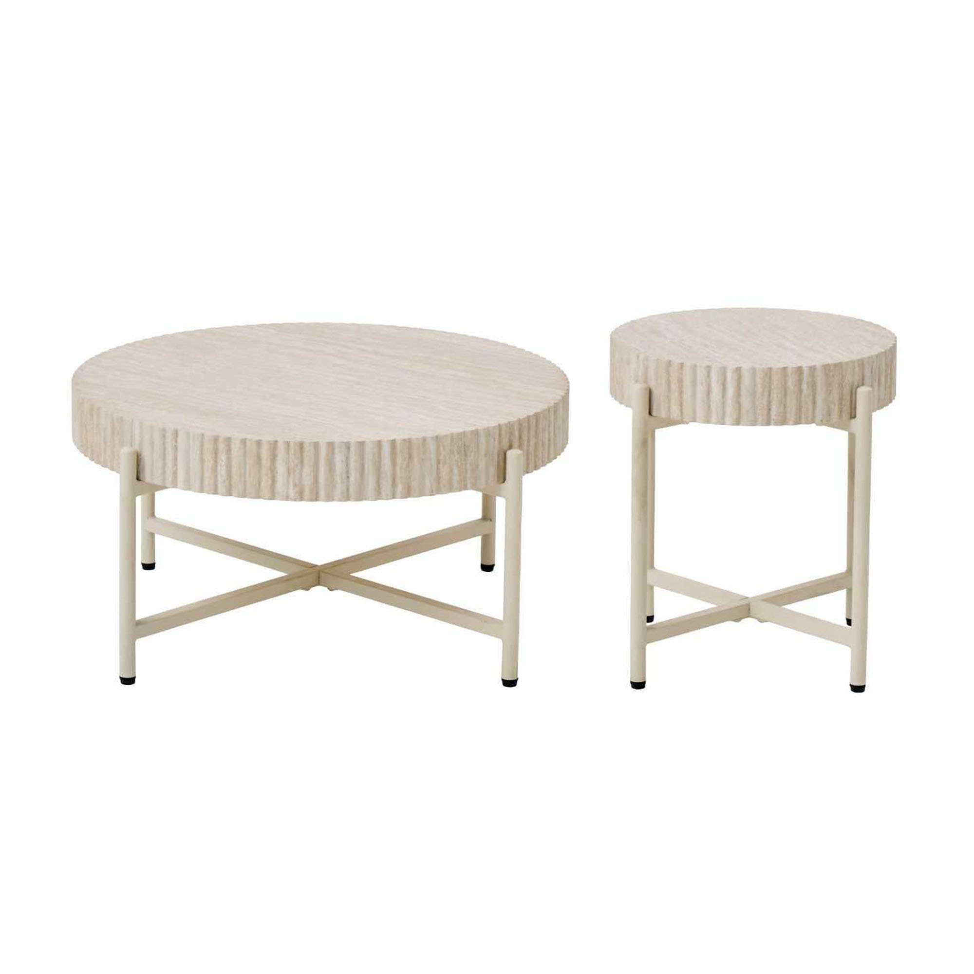 LYKKVØ Design-Couchtisch-Set (2er Set) – Travertin-Optik & Minimalistischer Metallrahmen in Beige