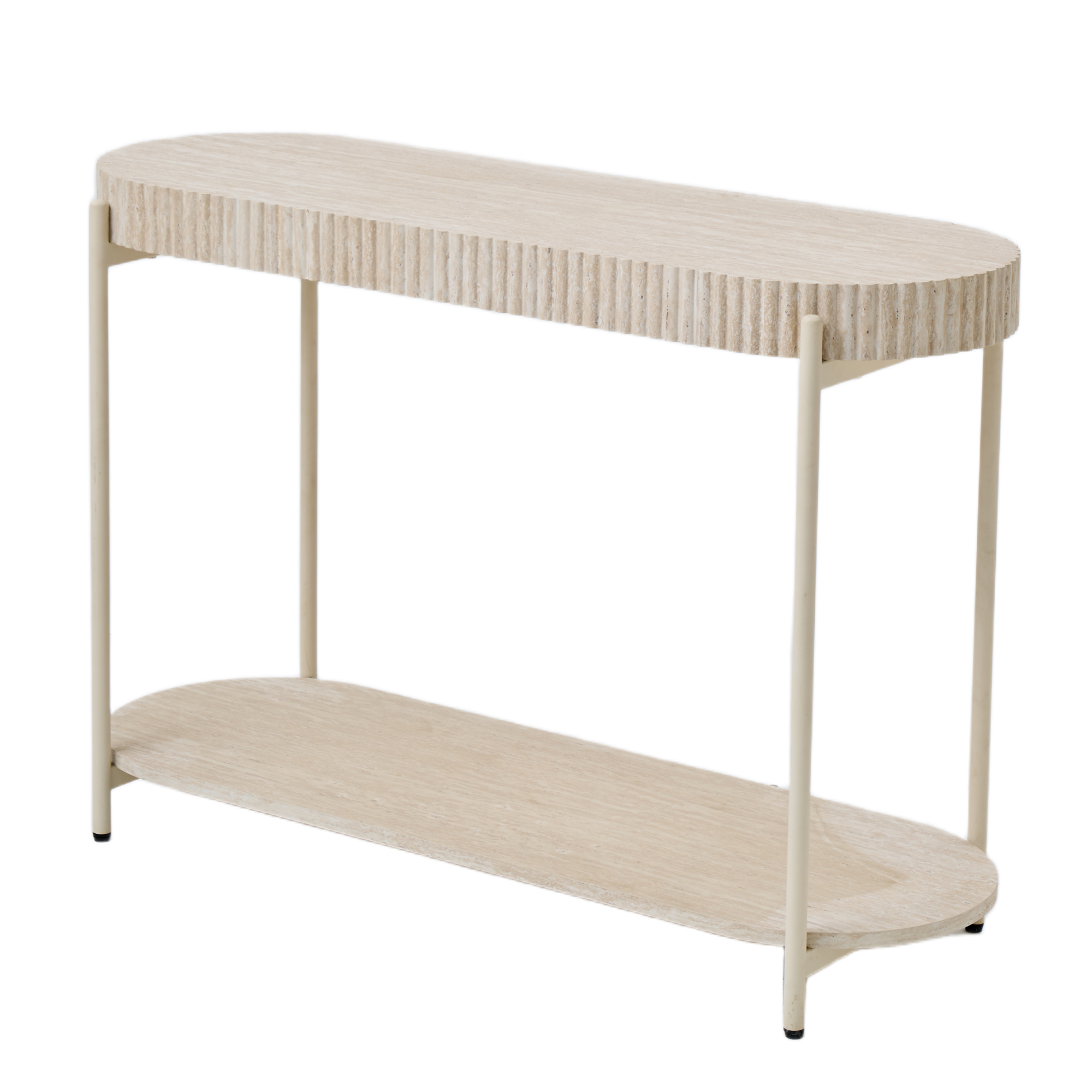 LYKKVØ Design-Konsoltisch in Travertin-Optik – 2-stufiger ovaler Wandtisch in Cremeweiß