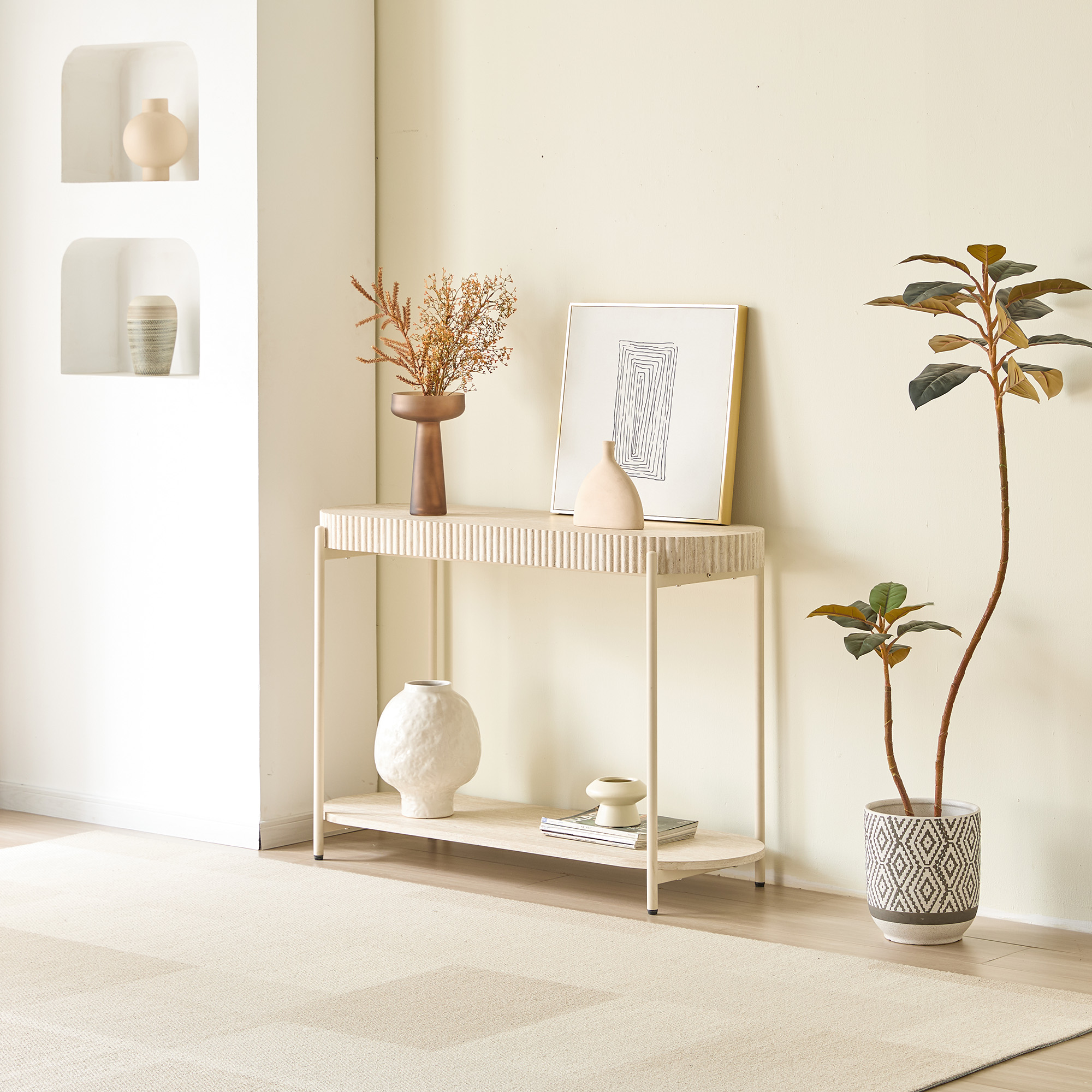 LYKKVØ Design-Konsoltisch in Travertin-Optik – 2-stufiger ovaler Wandtisch in Cremeweiß