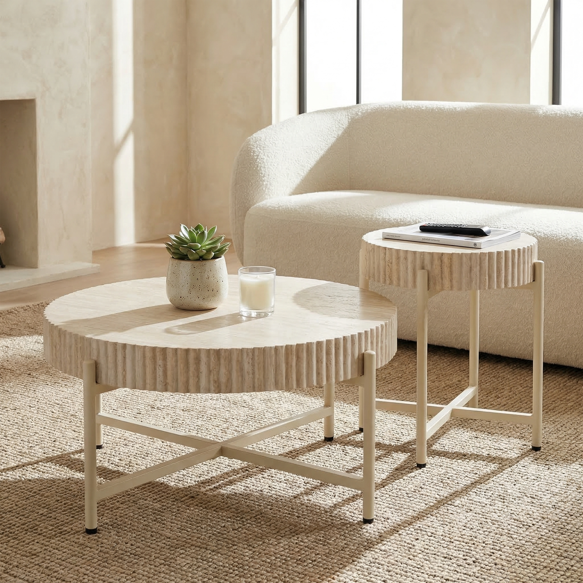 LYKKVØ Design-Couchtisch-Set (2er Set) – Travertin-Optik & Minimalistischer Metallrahmen in Beige