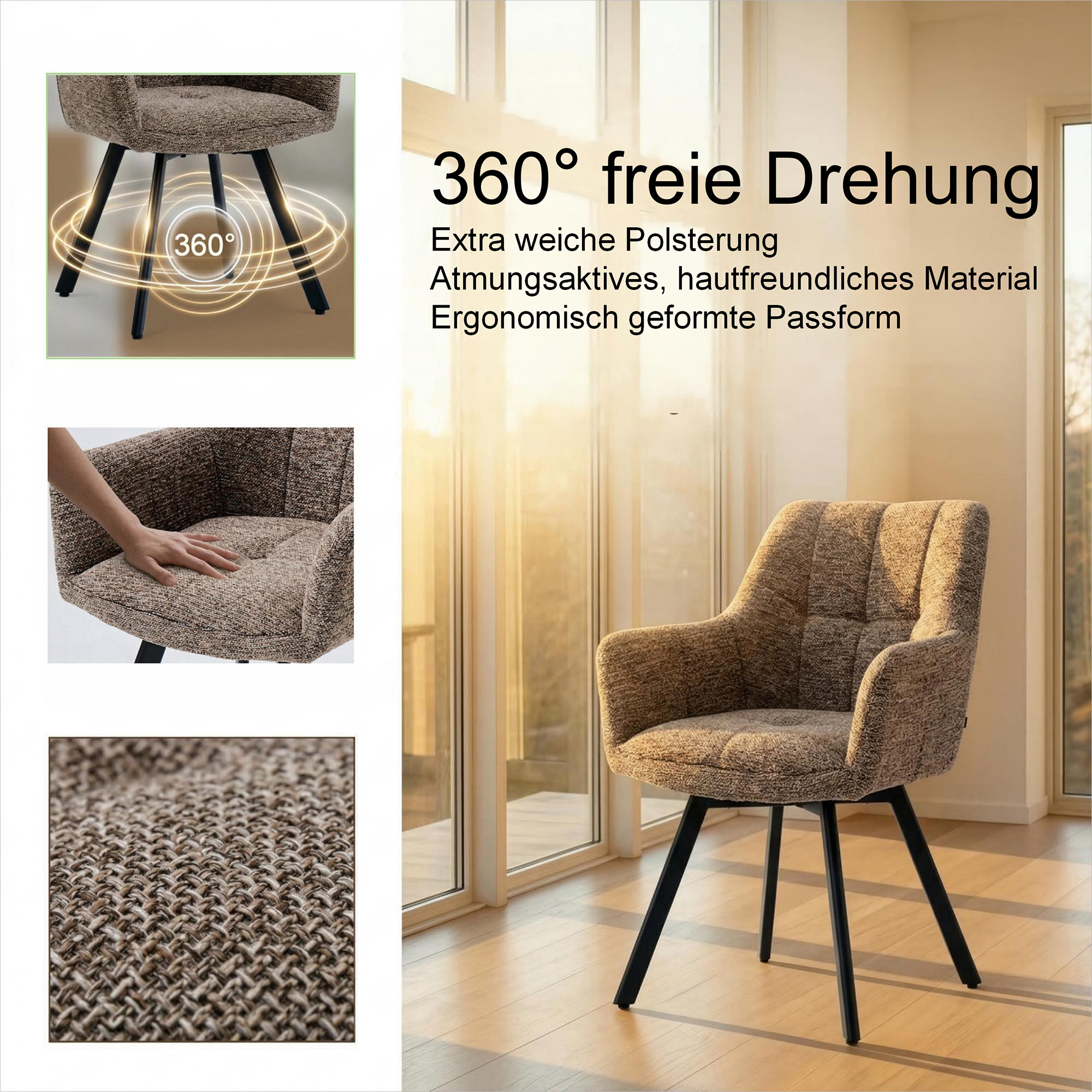 Polsterstuhl 360° drehbar mit Rückstellfunktion, Wohnzimmerstuhl, Küchenstuhl