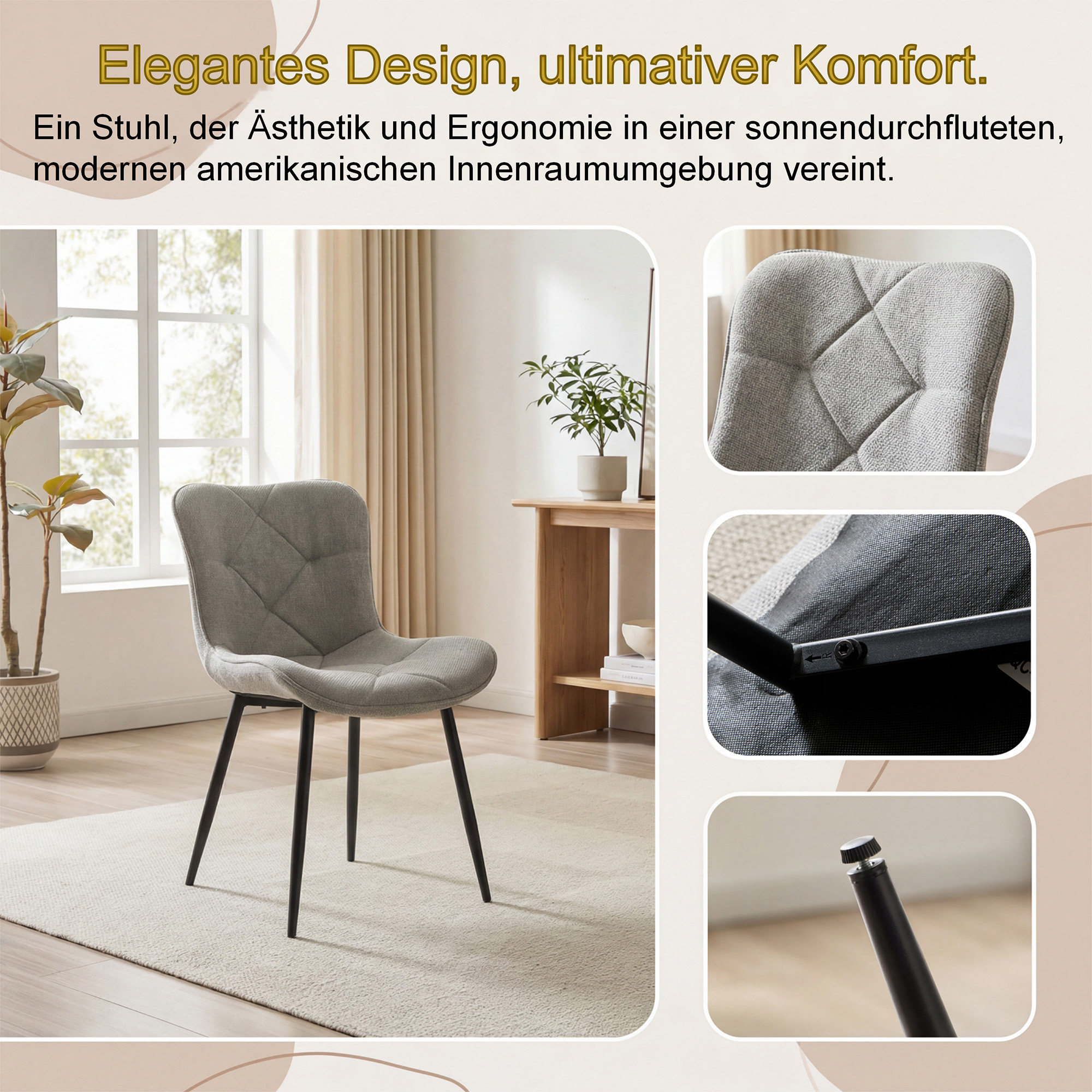 4er-Set Design-Esszimmerstühle LYKKVØ – Elegante Rautensteppung & Ergonomischer Komfort in Khaki
