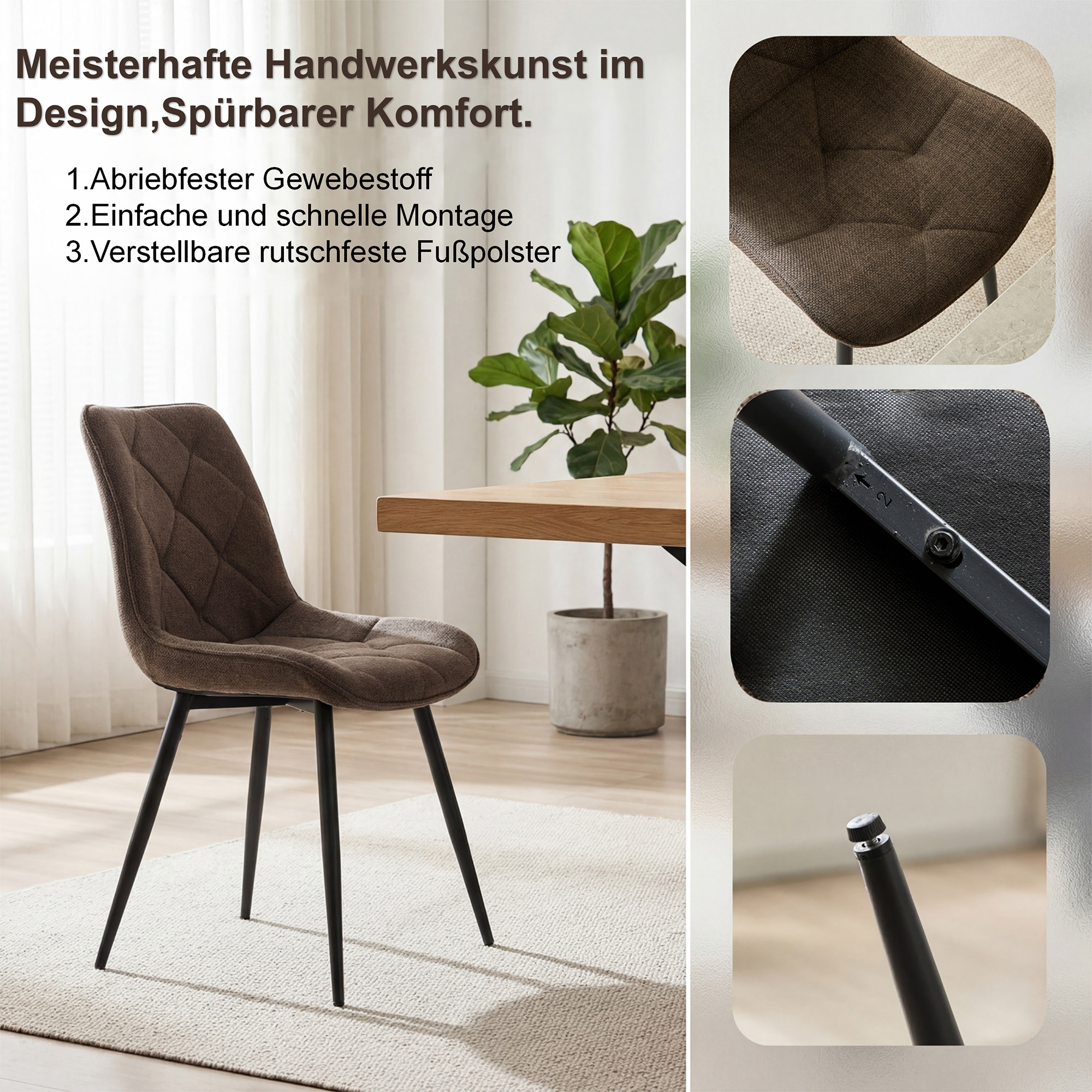 4er-Set Design-Esszimmerstühle LYKKVØ – Elegante Rautensteppung & Ergonomischer Komfort in Khaki