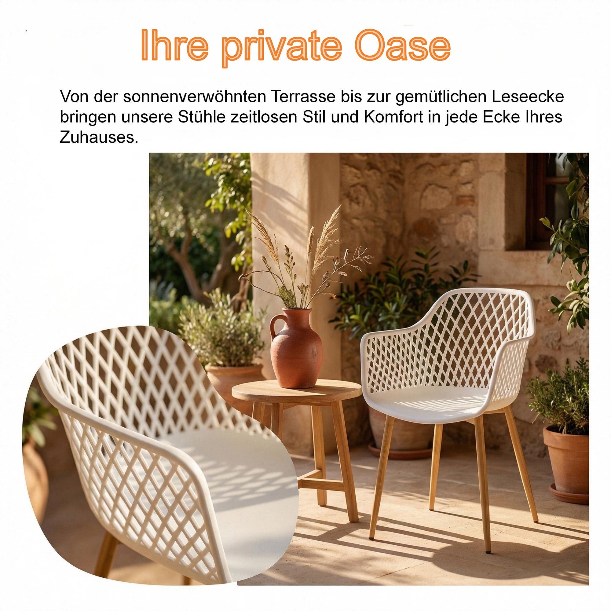 4er-Set Outdoor Design-Gartenstühle LYKKVØ – Wetterbeständig mit geometrischer Rückenlehne & Armlehnen