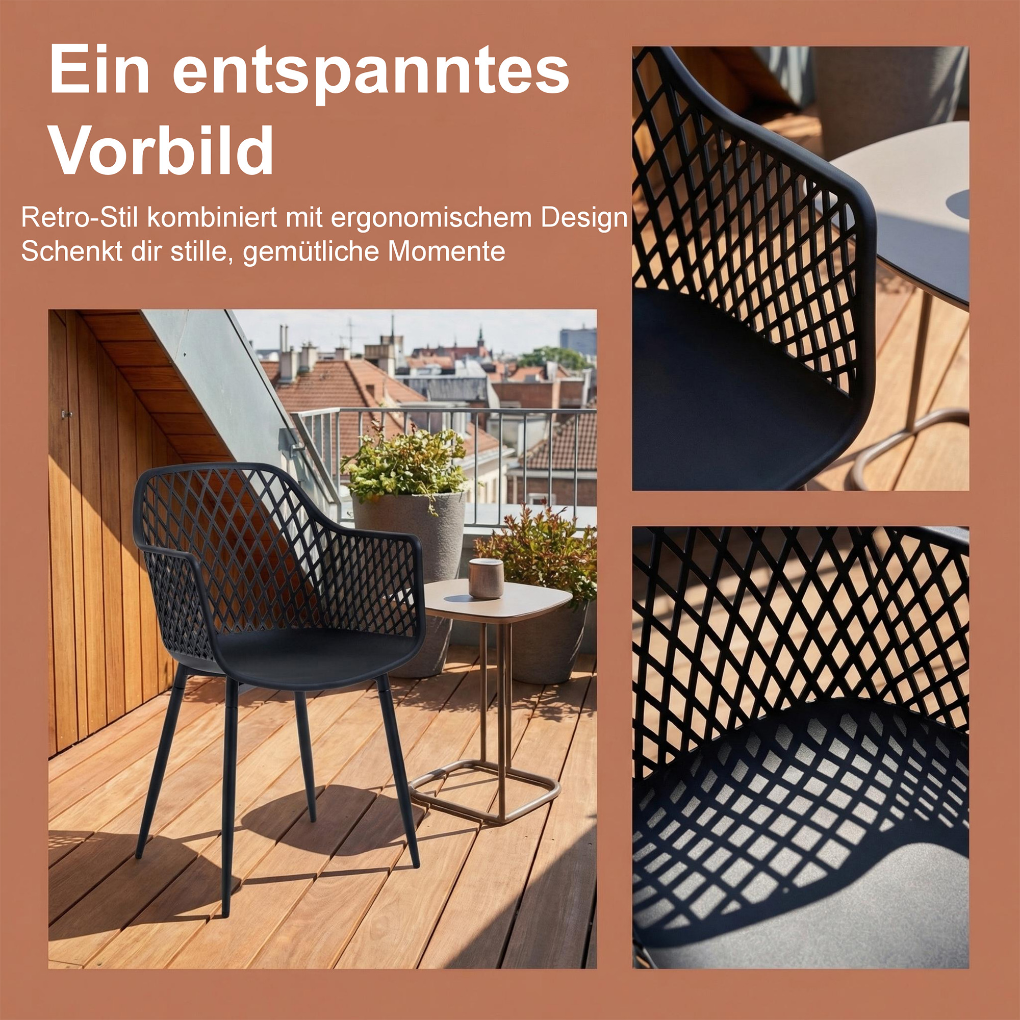 4er-Set Outdoor Design-Gartenstühle LYKKVØ – Wetterbeständig mit geometrischer Rückenlehne & Armlehnen