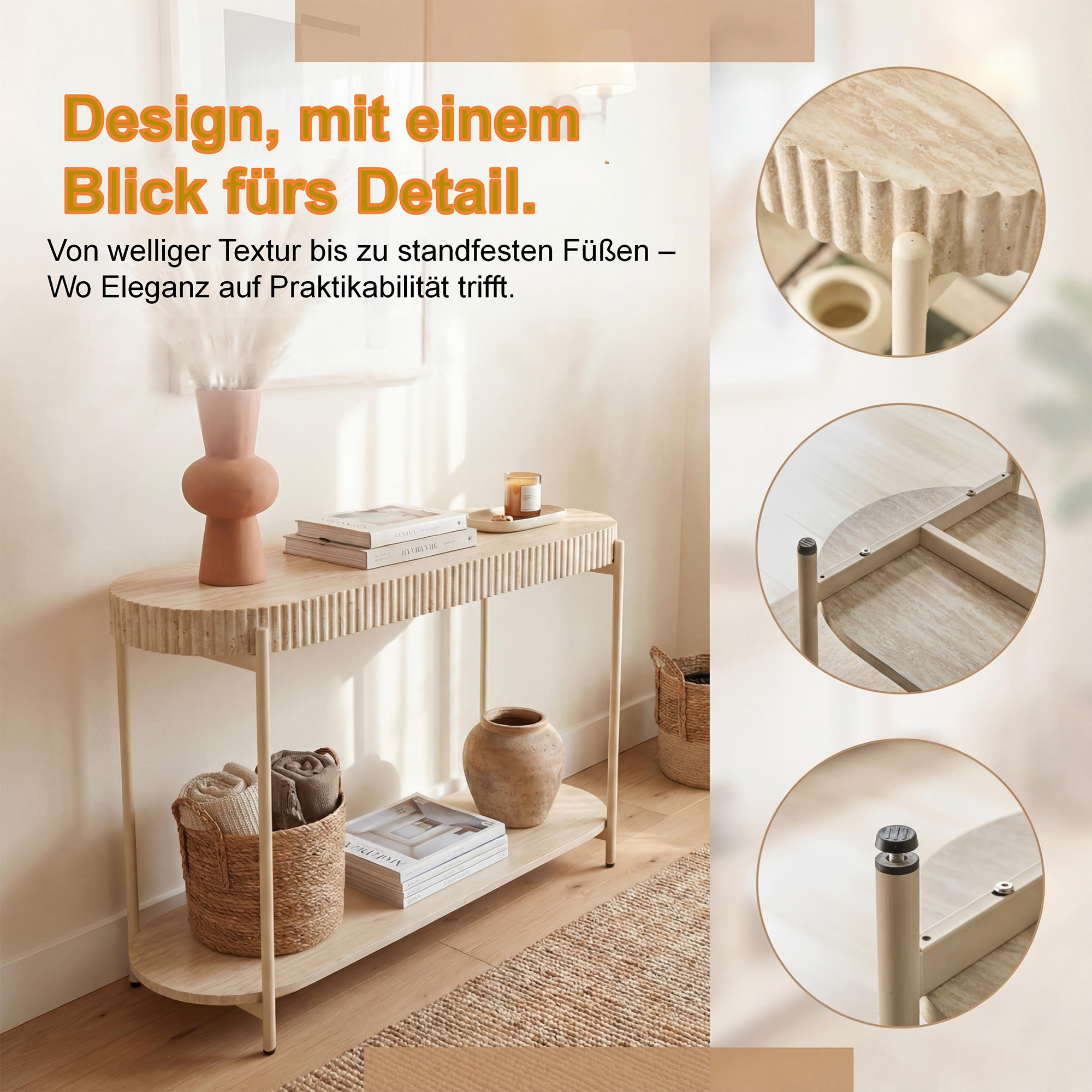 LYKKVØ Design-Konsoltisch in Travertin-Optik – 2-stufiger ovaler Wandtisch in Cremeweiß
