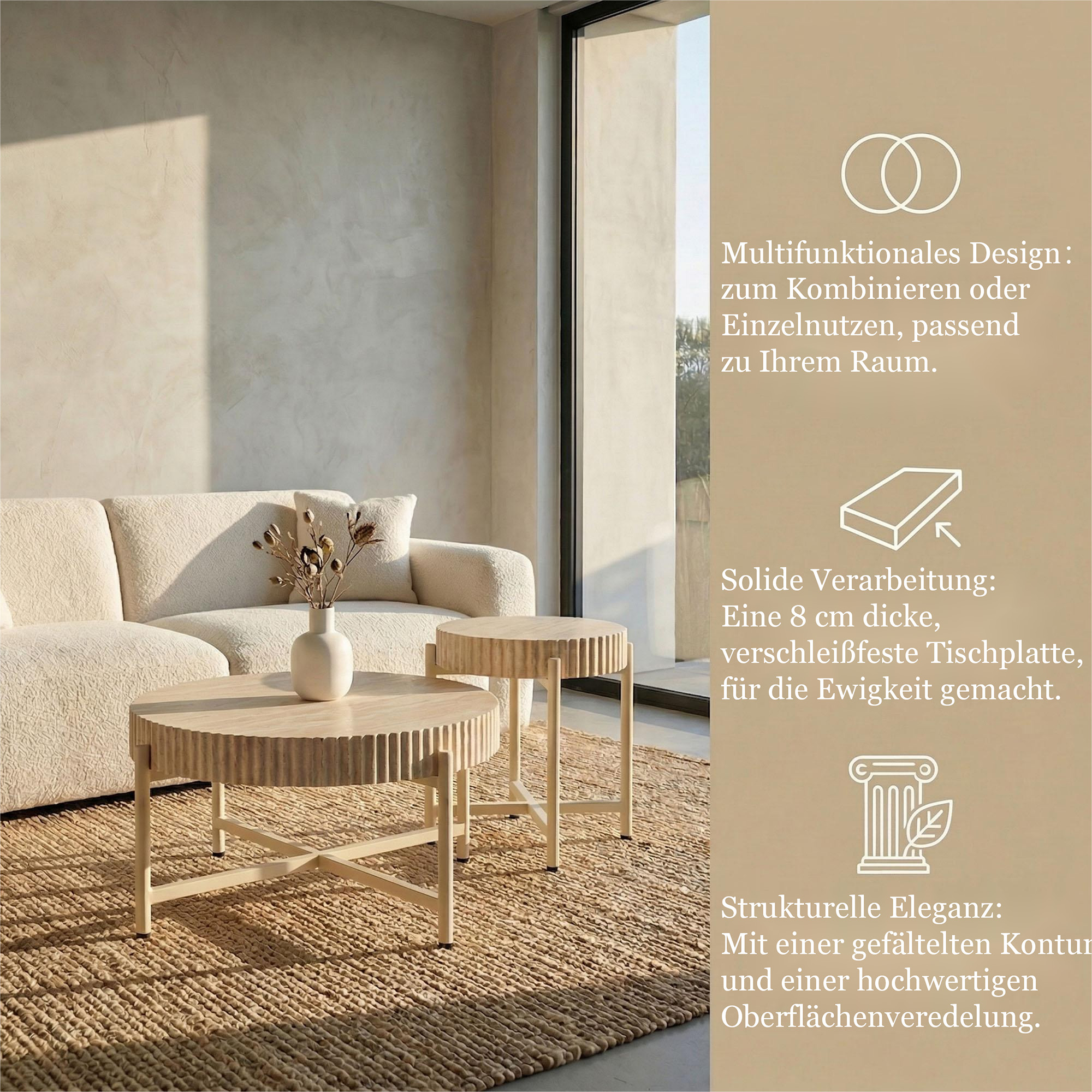 LYKKVØ Design-Couchtisch-Set (2er Set) – Travertin-Optik & Minimalistischer Metallrahmen in Beige