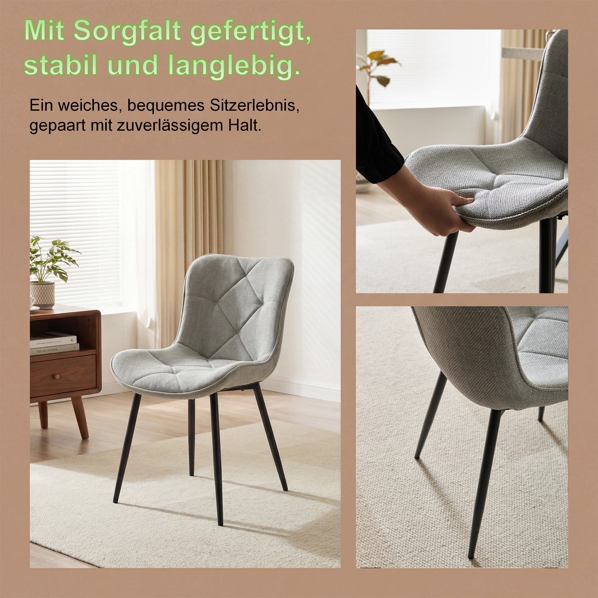 4er-Set Design-Esszimmerstühle LYKKVØ – Elegante Rautensteppung & Ergonomischer Komfort in Khaki