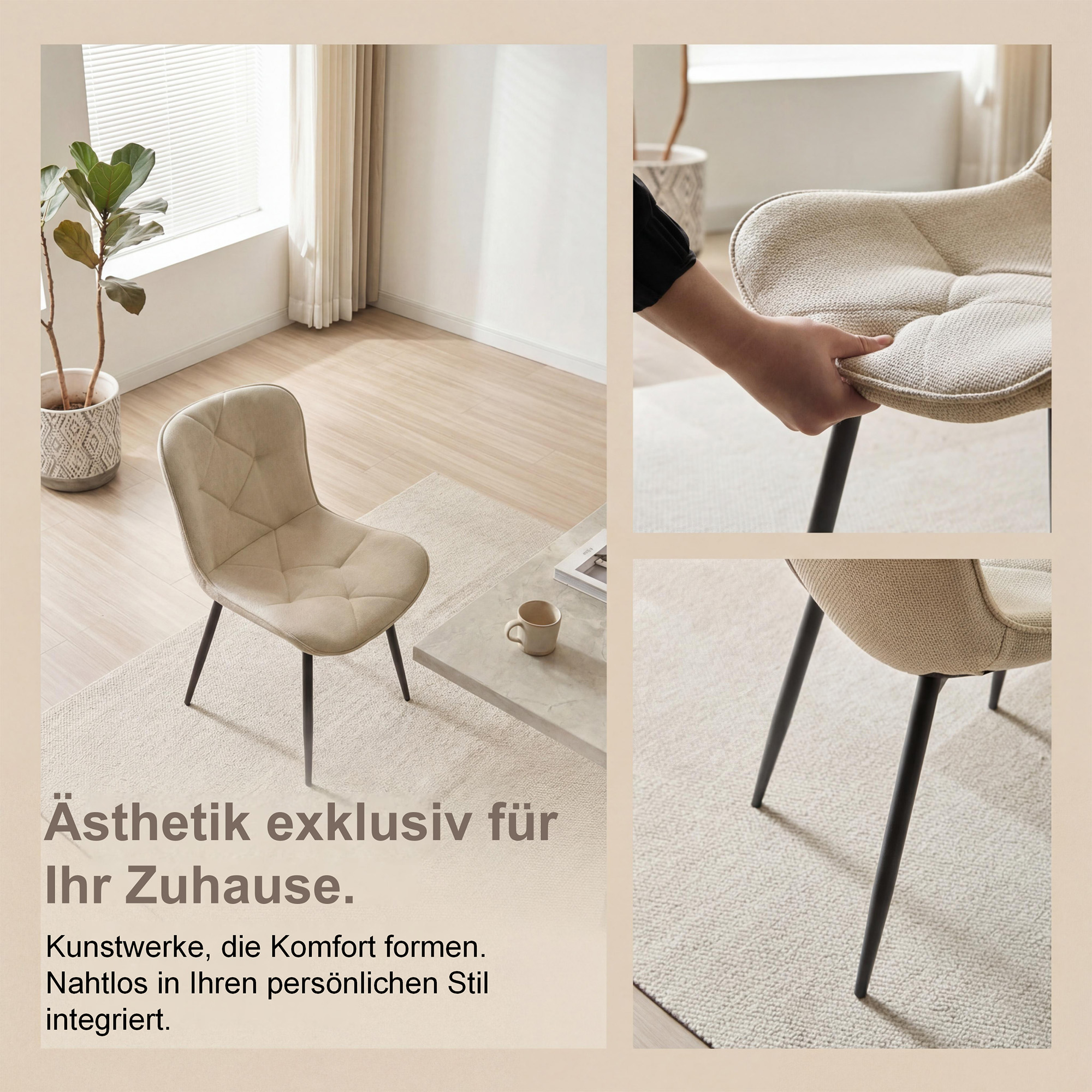 4er-Set Design-Esszimmerstühle LYKKVØ – Elegante Rautensteppung & Ergonomischer Komfort in Khaki