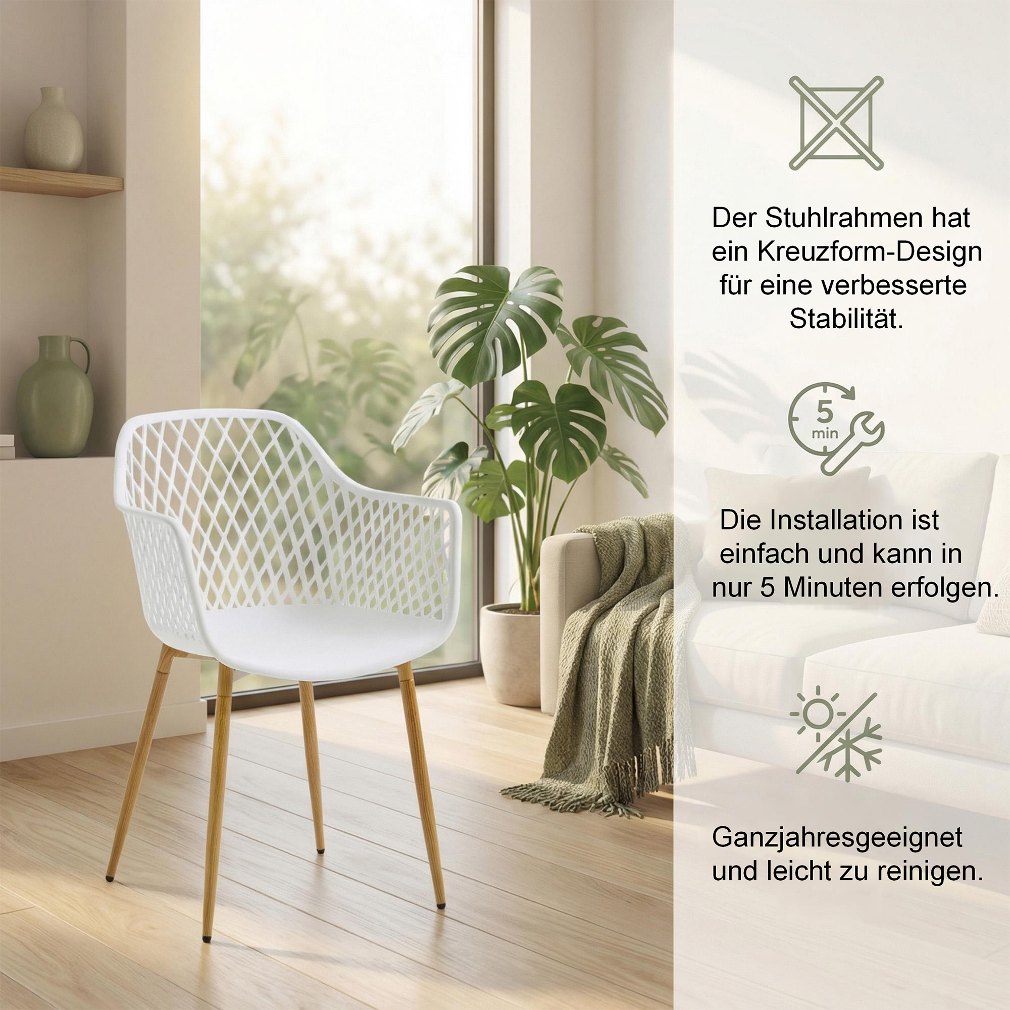 4er-Set Outdoor Design-Gartenstühle LYKKVØ – Wetterbeständig mit geometrischer Rückenlehne & Armlehnen
